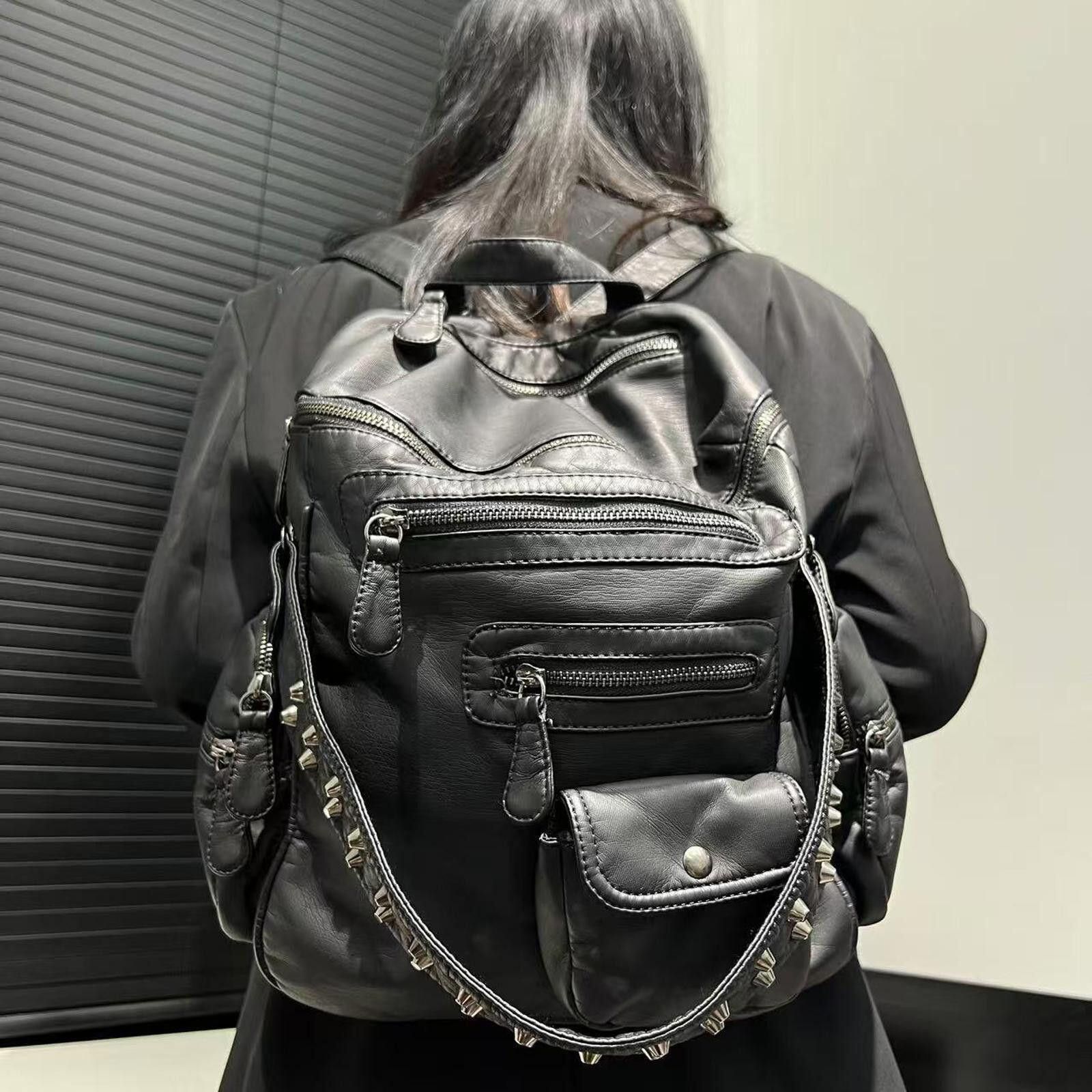 Leather Black Leather Studded Backpack, Multi-Pocket Casual Bag Size ONE SIZE - 3 Thumbnail
