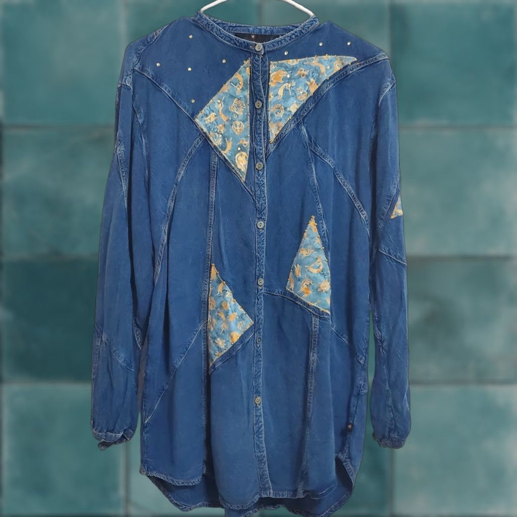Vintage Sacred Threads Shirt Women M Blue Chambray Patchwork Southwestern Oversized Button Up Kokopelli Rhinestone Size M / US 6-8 / IT 42-44 - 1 Thumbnail