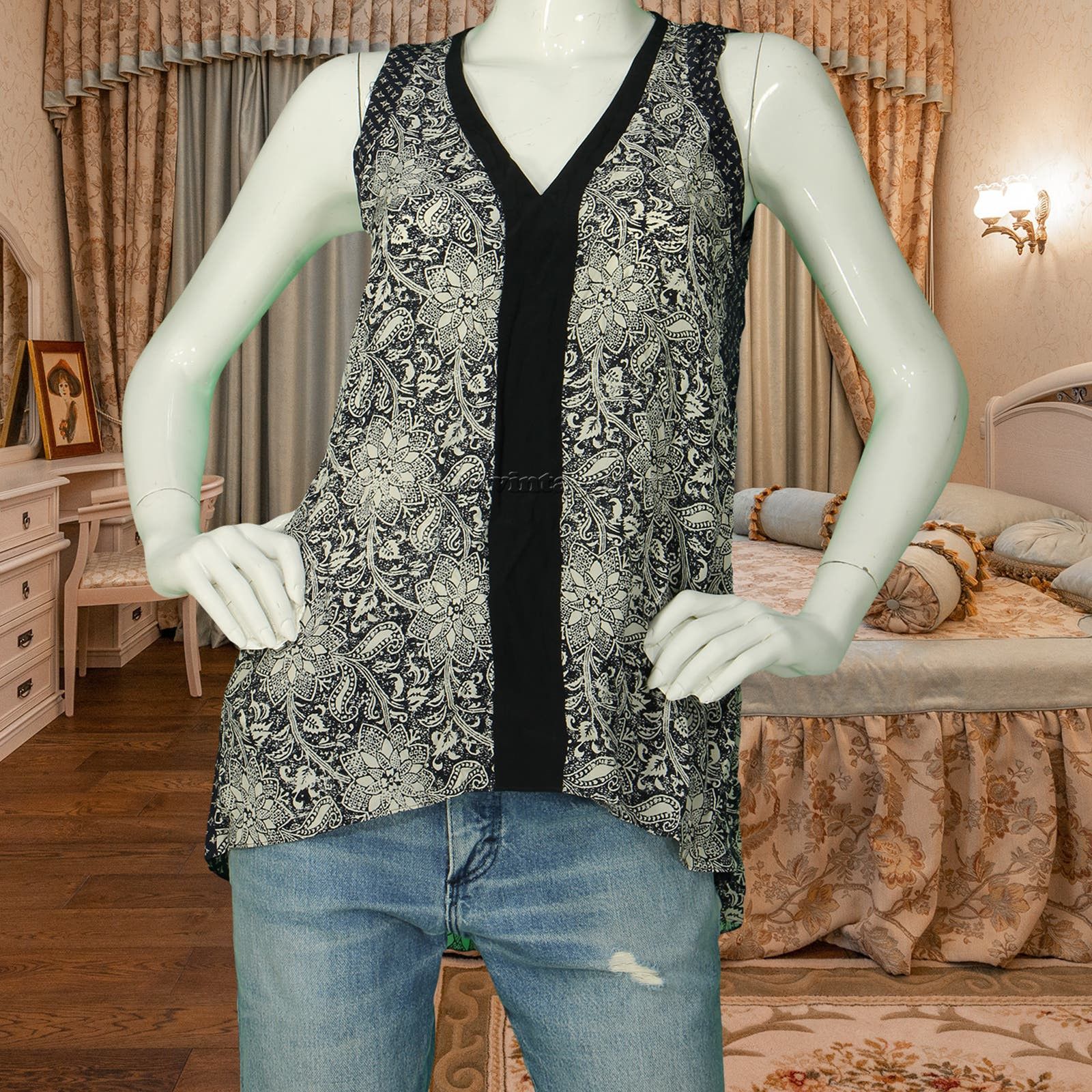 image of Rebecca Taylor Floral Print 100% Silk Boho Top Fairycore in Blue, Women's (Size XS)