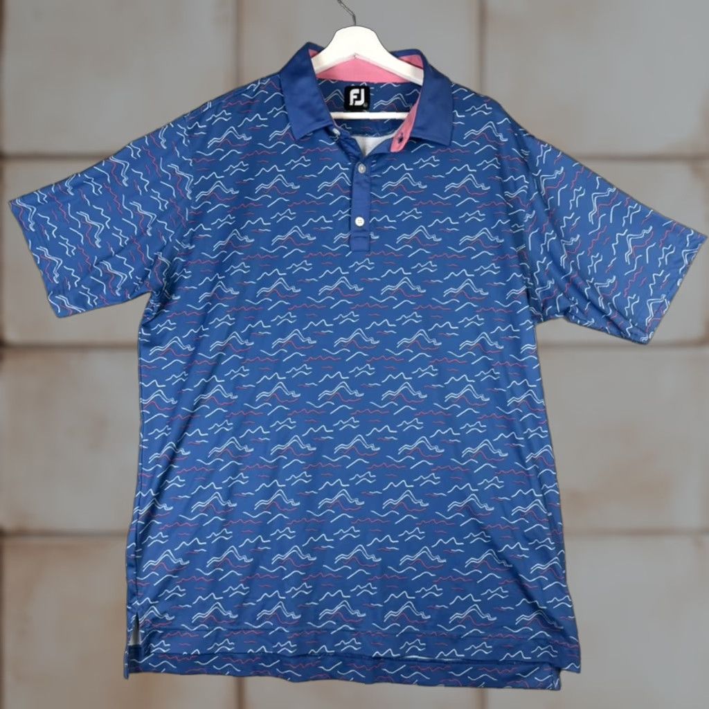 Footjoy FootJoy FJ Polo Shirt Shirt XL Men Blue Wave Print Lisle Self Collar Short Sleeve Size US XL / EU 56 / 4 - 1 Thumbnail