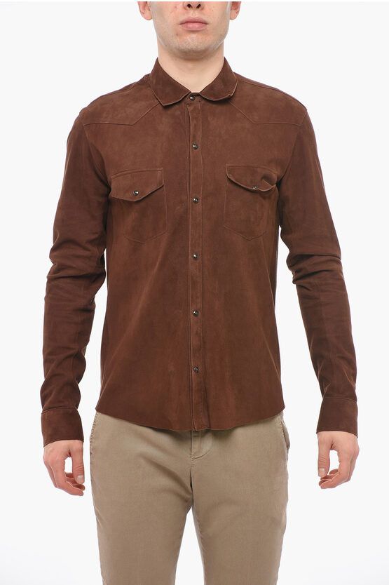 image of Tagliatore Leather Unlined Shirt With Double Chest Pocket in Brown, Men's (Size Medium)