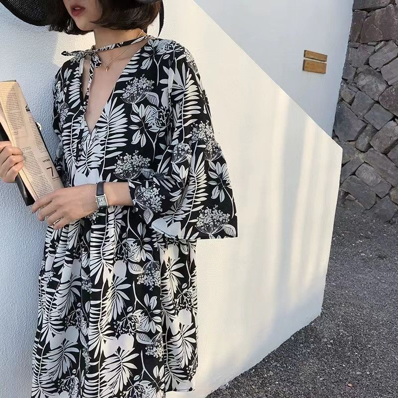 image of Vintage Sexy V-Neck Backless Loose A-Line Floral Ruffle Sleeve Dress in Black, Women's (Size Medium