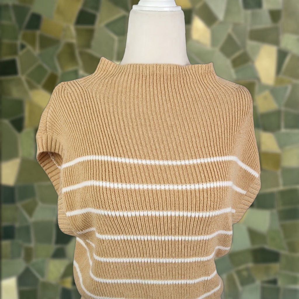 Vintage Maeve Anthropologie Tan White Stripe Amara Mockneck Sleeveless Sweater Vest XS Ladies Vest Striped Knit Cotton Casual XS Women Size XS / US 0-2 / IT 36-38 - 1 Thumbnail