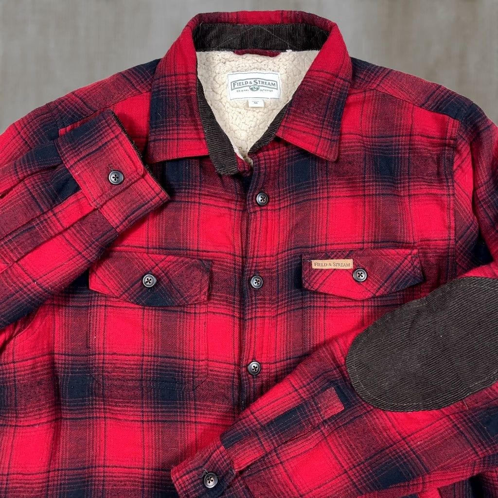 Vintage Field & Stream Shacket Men M Red Plaid Flannel Shirt Jacket Sherpa Lined Regular Jacket Size US M / EU 48-50 / 2 - 1 Thumbnail