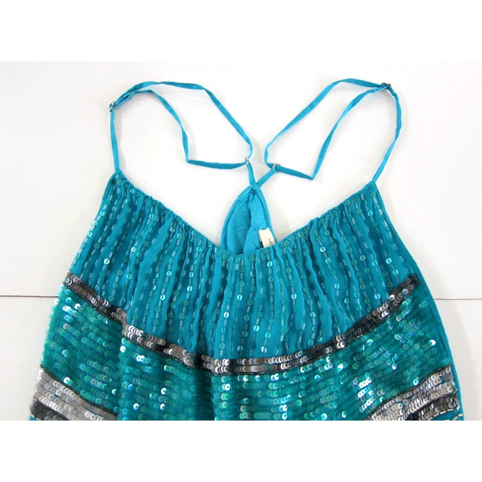Vintage Chelsea Flower Tank Top Women M Blue 100% Rayon Beaded Spaghetti Strap Round Neck Sleeveless Size M / US 6-8 / IT 42-44 - 3 Thumbnail