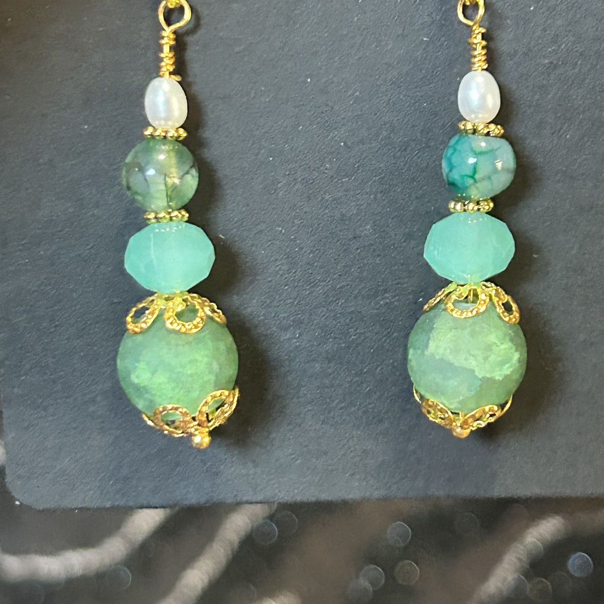 Handmade Handcrafted green crackle glass dragon vein agate earrings Size ONE SIZE - 3 Thumbnail