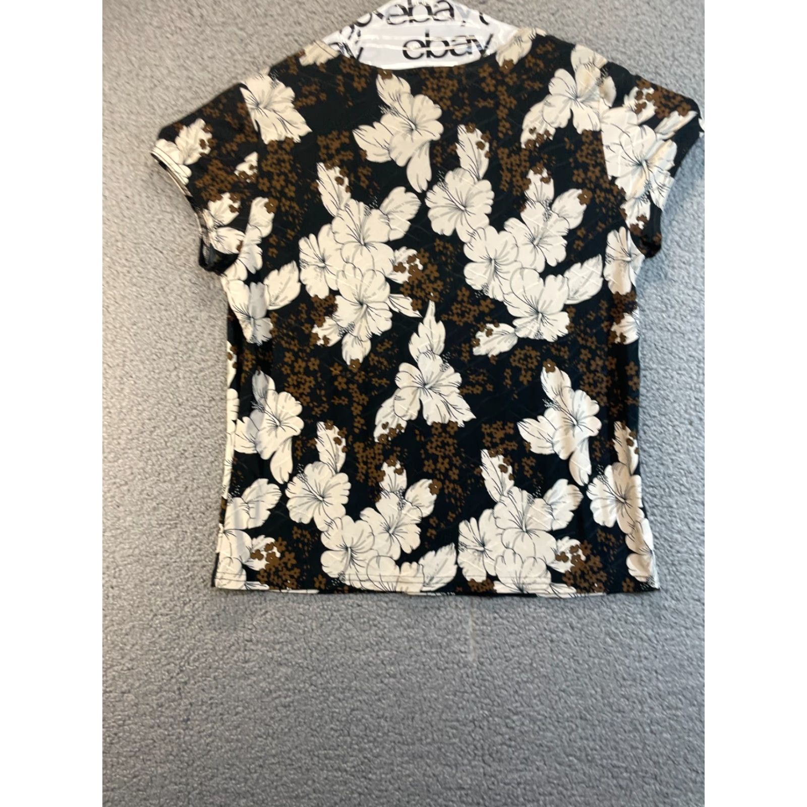Vintage Claudia Richard Top Black Floral Print V Neck XL, Stretch, Casual, Regular, Women’s, Floral Print, 92% Micropoly 8% Spandex, Gathered at Breast Size XL / US 12-14 / IT 48-50 - 2 Thumbnail