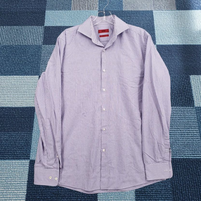 Hugo Boss HUGO BOSS Dress Shirt Mens 15.5 Purple Striped Long Sleeve Button Up Sharp Fit Size 42R - 1 Thumbnail