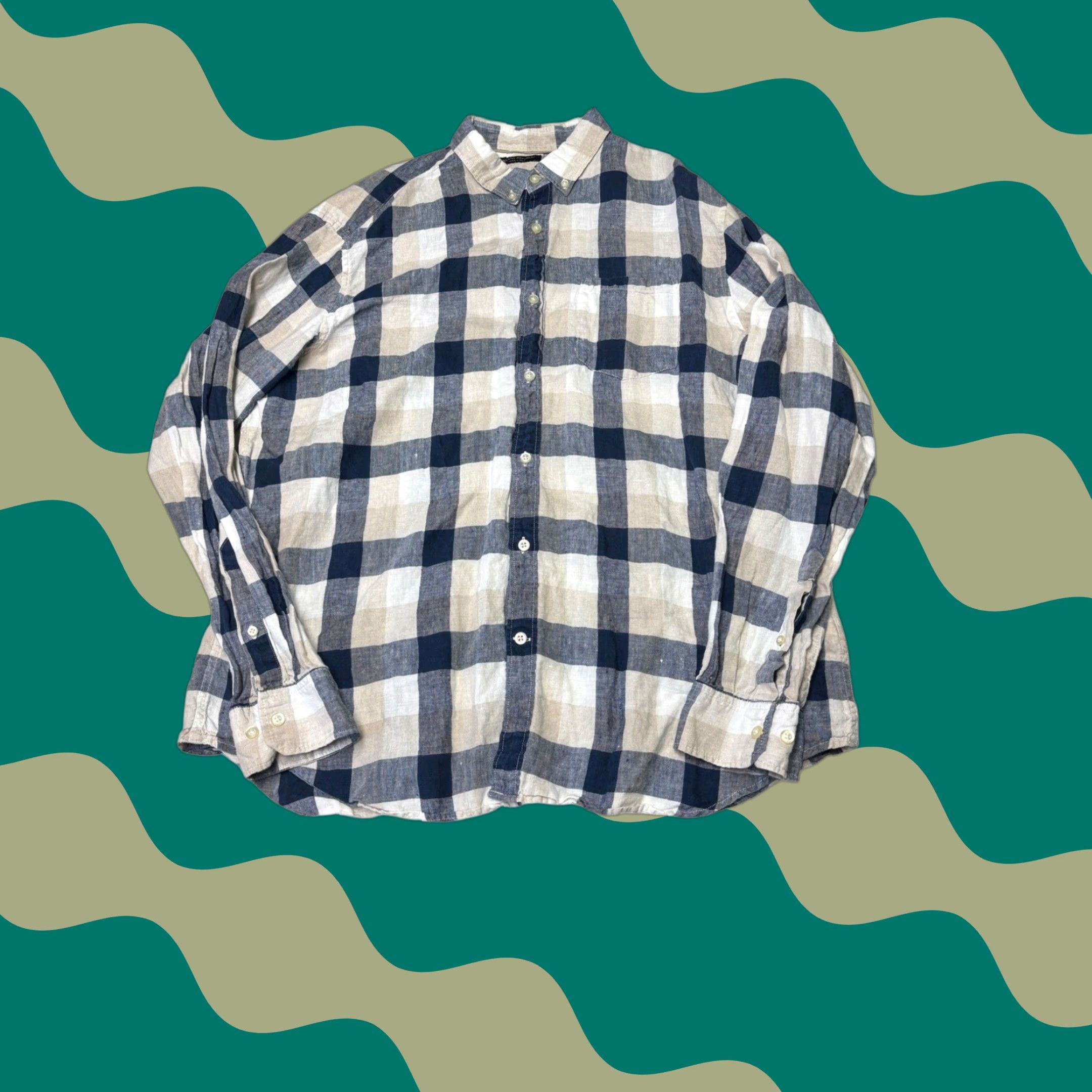 Banana Republic VINTAGE Banana Republic Camden Fit Shirt Navy Tan Buffalo Check Plaid XL Men Long Sleeve Button-Up Pocket 100% Linen Size US XL / EU 56 / 4 - 1 Thumbnail