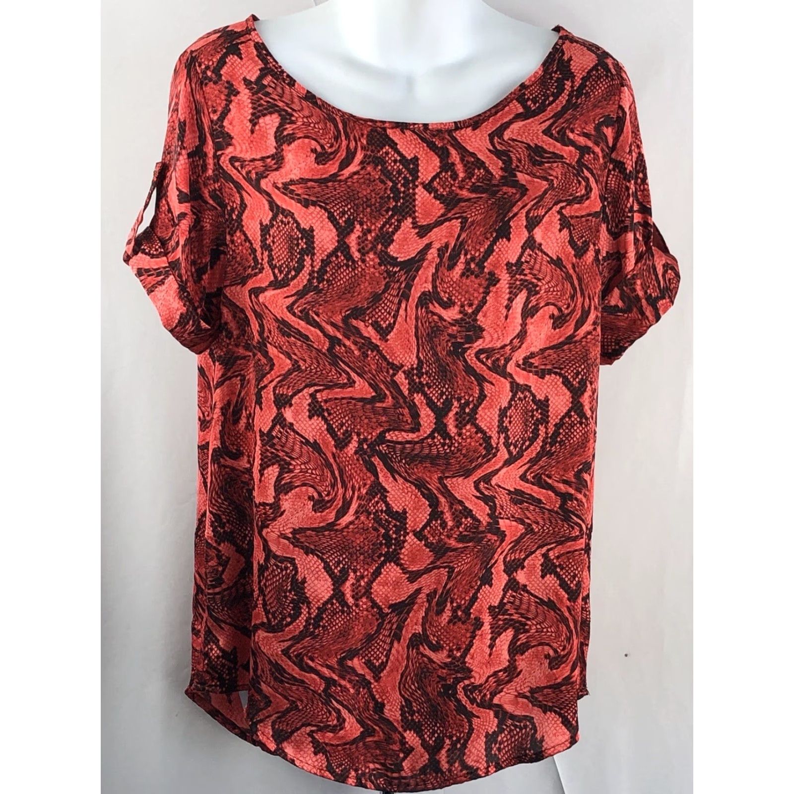 Michael Kors Michael Kors Satin Top Blouse M Orange Snake Print Roll Tab Short Sleeve Career Size M / US 6-8 / IT 42-44 - 5 Thumbnail