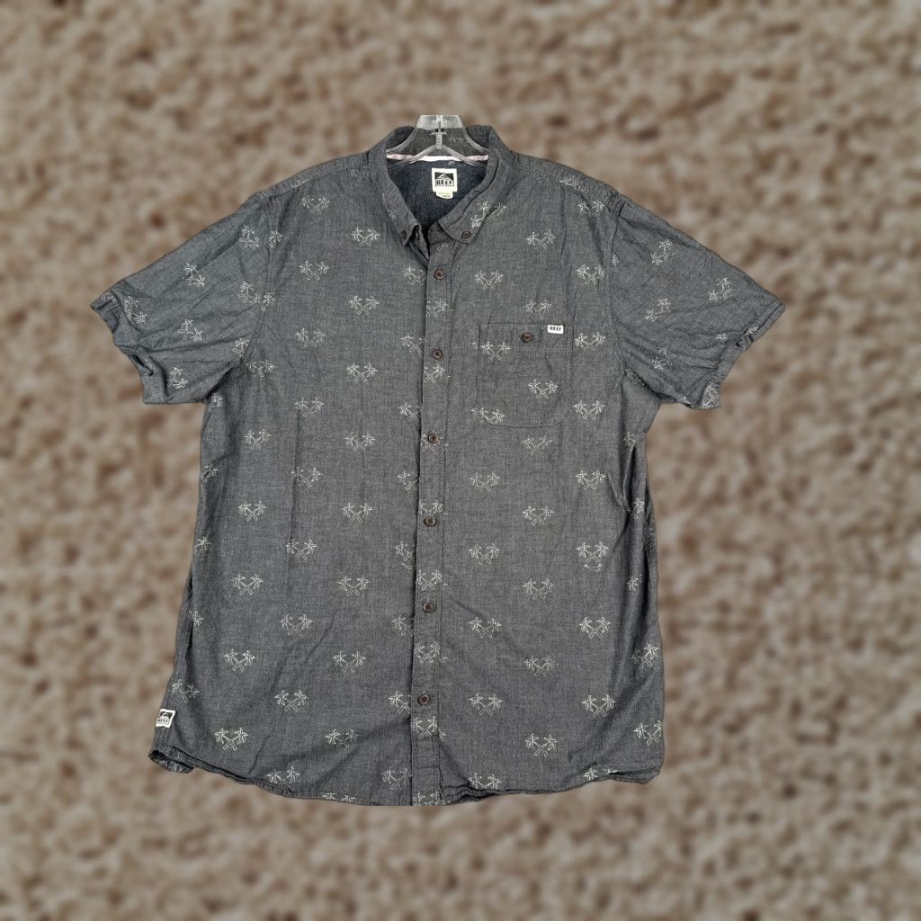 REEF Reef Button-Up Shirt Men XL Gray Palm Trees Hawaiian Aloha Beach Solid Short Sleeve Casual, Travel, Workwear Mens Size US XL / EU 56 / 4 - 1 Thumbnail