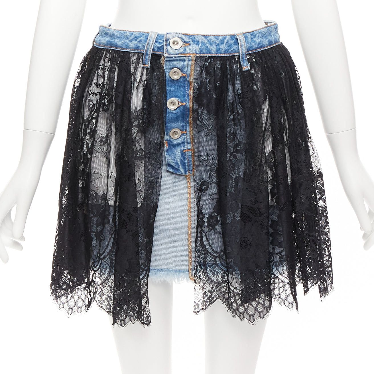 UNRAVEL PROJECT black floral lace ruffle blue denim inside out skirt 25