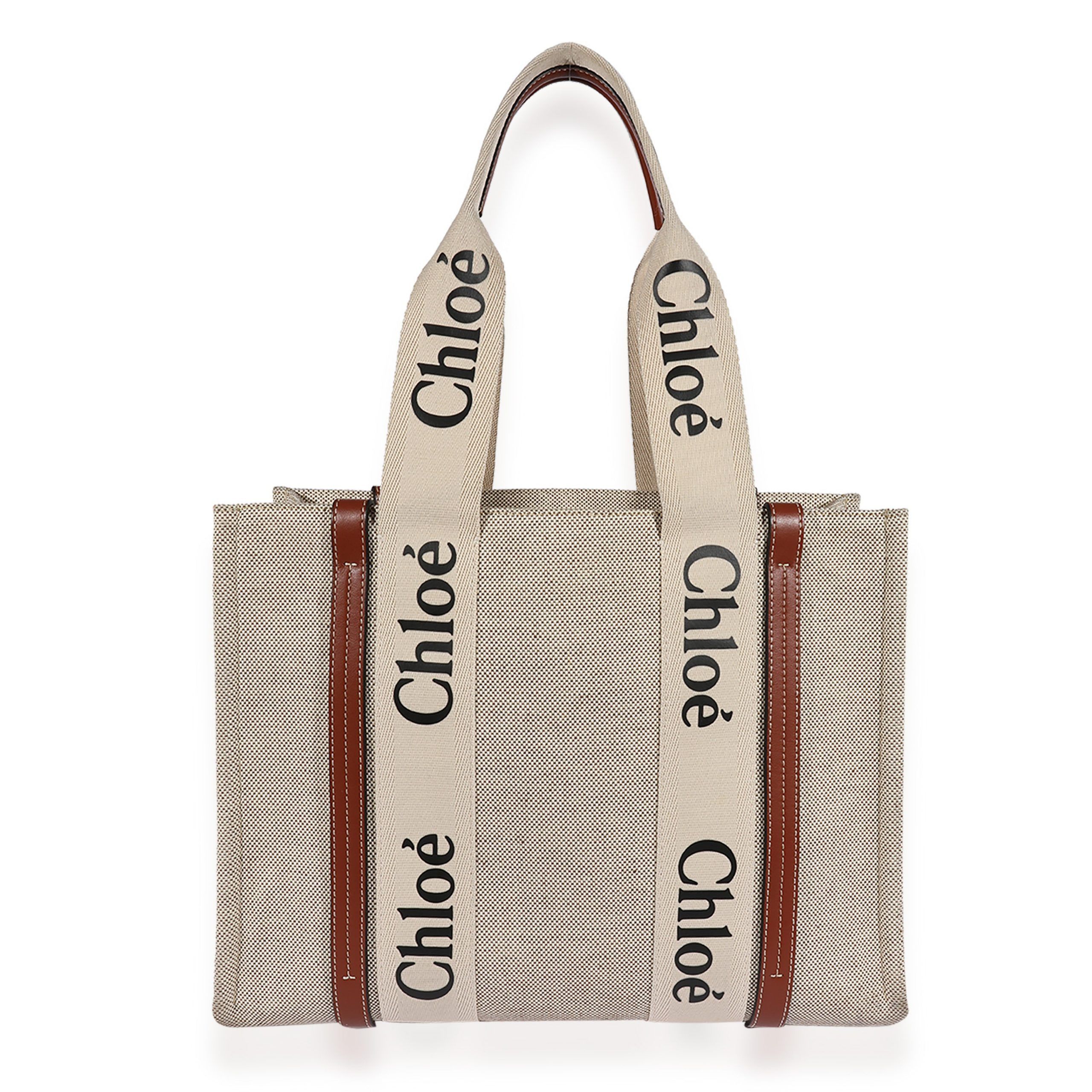 image of Chloe White Canvas & Brown Calfskin Medium Woody Tote, Women's