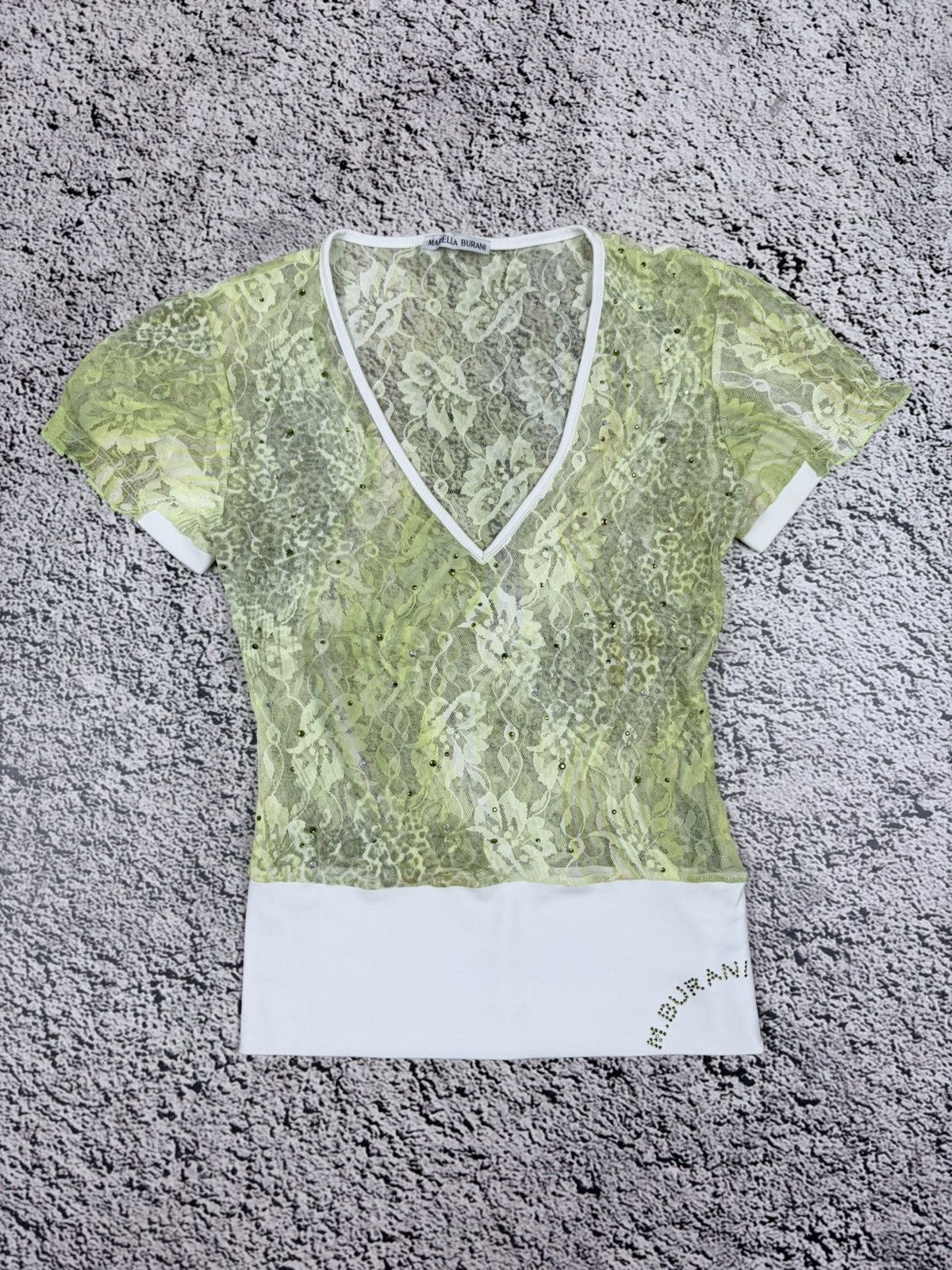 Japanese Brand VTG Mariella Burani Y2K Lace Neon Top Rhinestones Size XS / US 0-2 / IT 36-38 - 1 Thumbnail