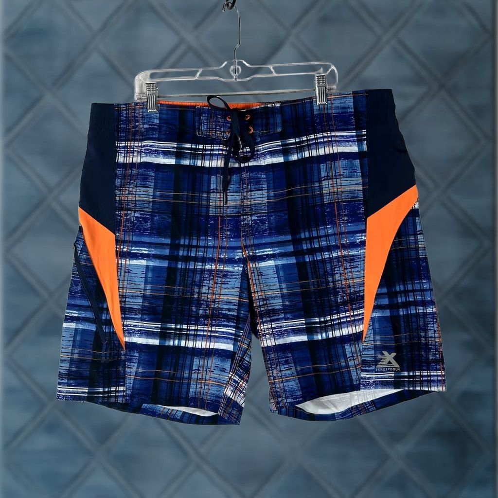 ZeroXposur Zero Xposur Mens XL Blue Trunks Beach Quick Dry Drawstring Plaid Geometric Size ONE SIZE - 1 Thumbnail