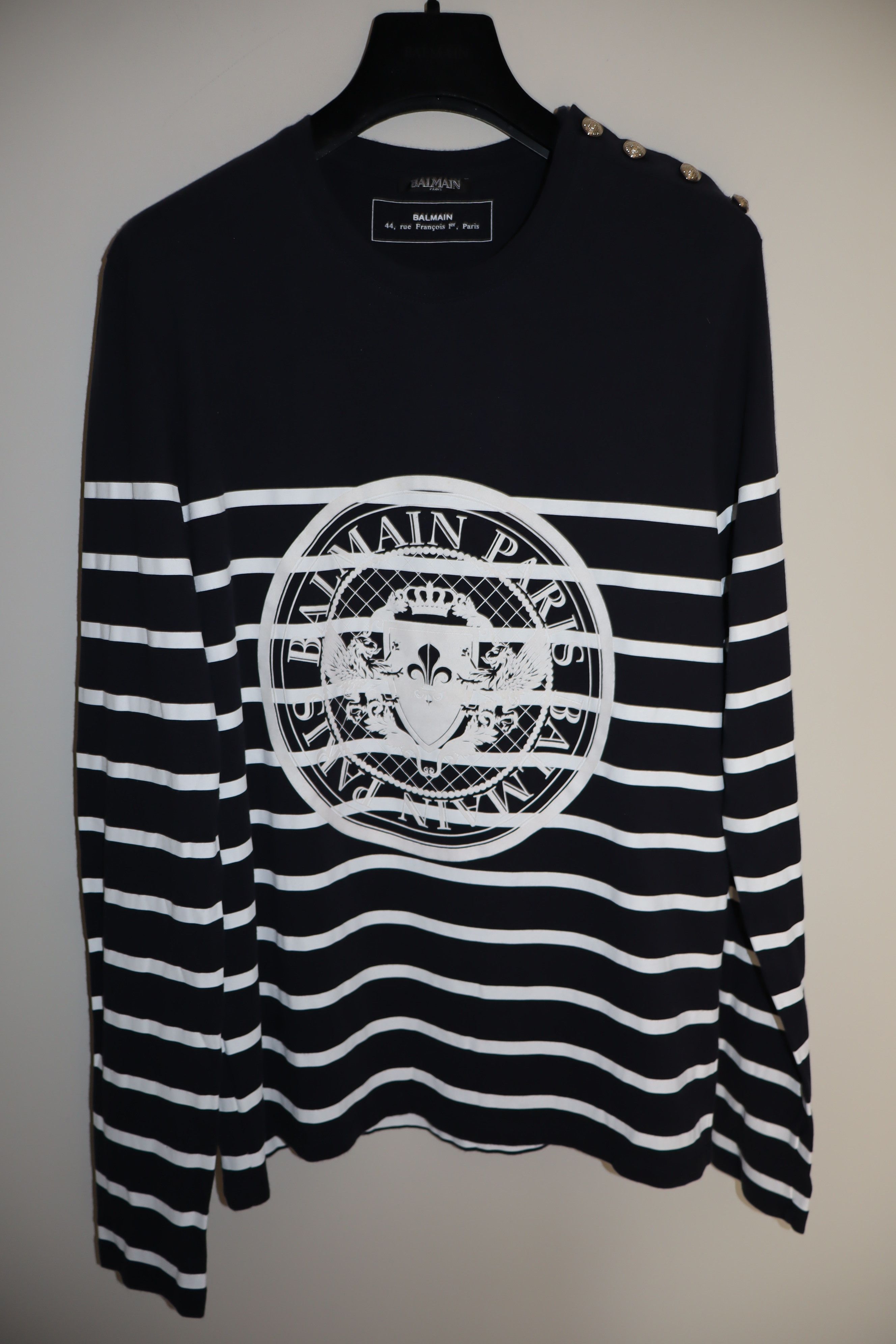 Balmain Navy striped logo t-shirt Size US M / EU 48-50 / 2 - 10 Thumbnail