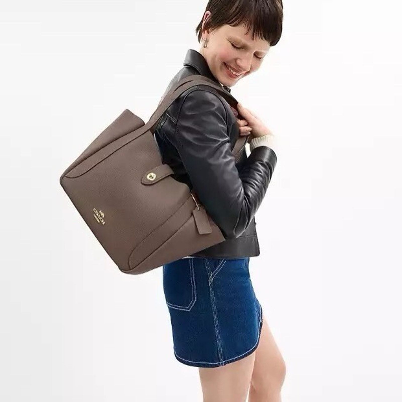 Coach NWT COACH Hadley Turnlock Tote Bag Leather CAL17 Dark Stone Size ONE SIZE - 6 Thumbnail