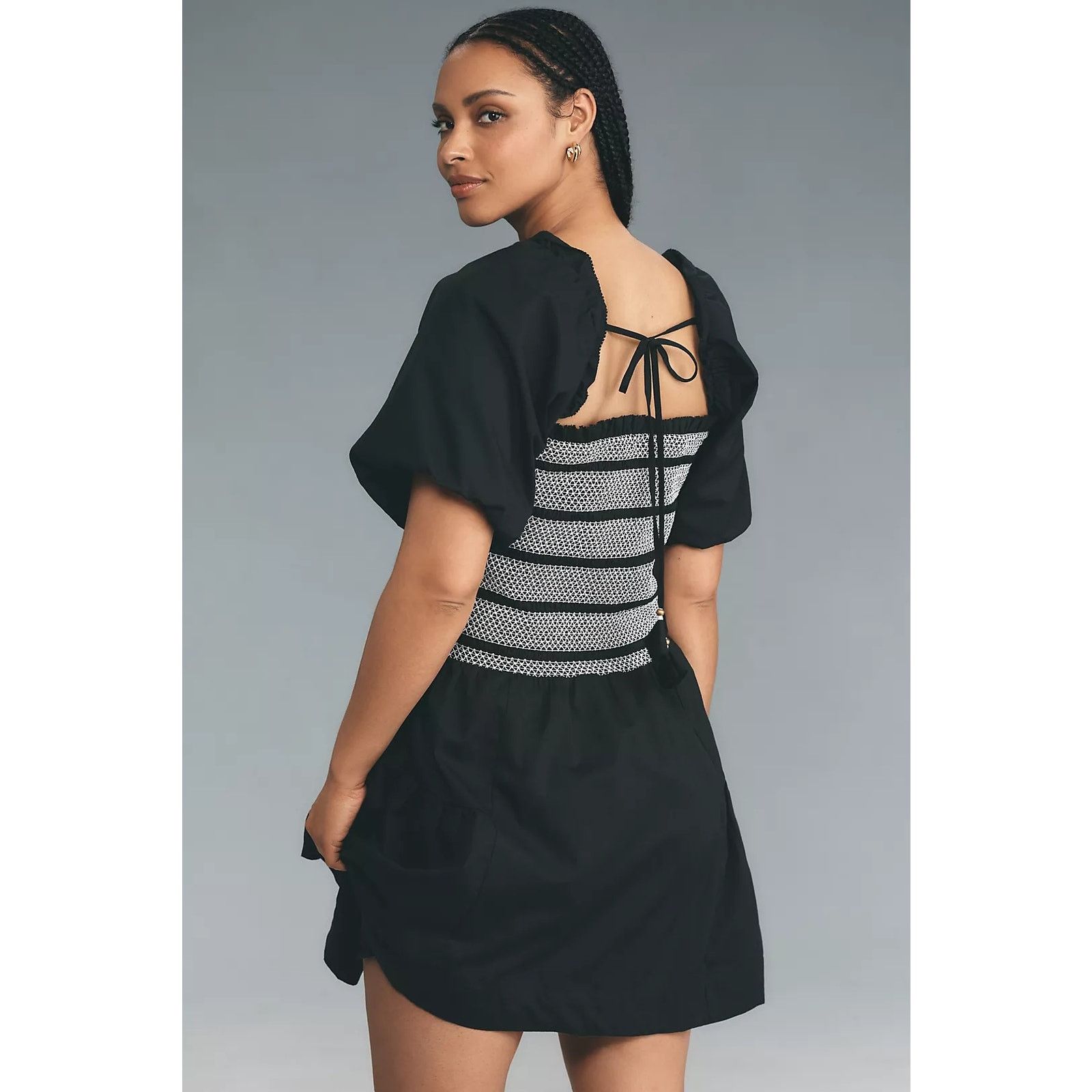 Anthropologie NWT Puff-Sleeve Square-Neck Smocked Mini Dress $158 Black Size S / US 4 / IT 40 - 3 Thumbnail