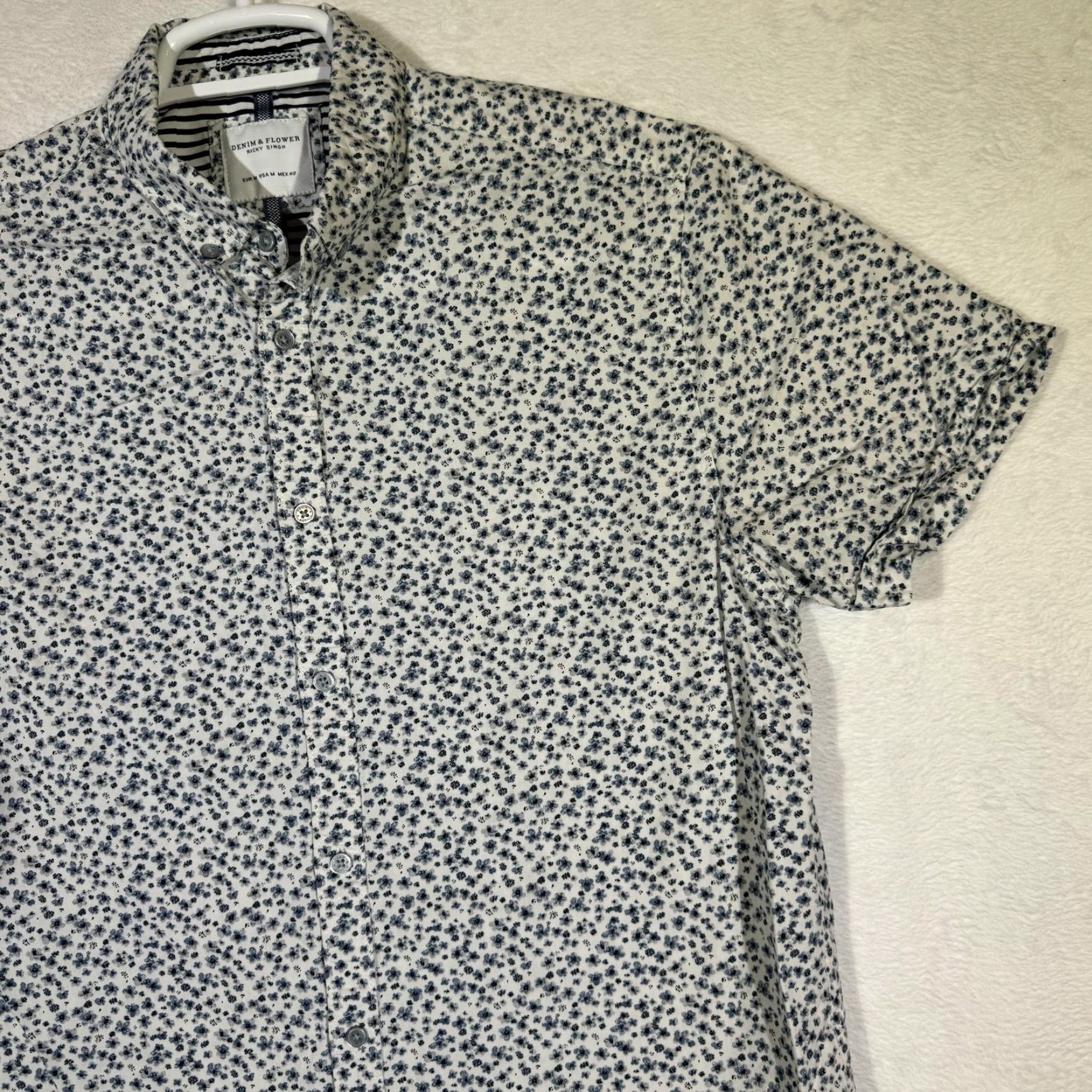 Denime Denim & Flower Shirt Mens Medium Blue White Floral Button-Down Short Sleeve Cotton Size US M / EU 48-50 / 2 - 6 Thumbnail
