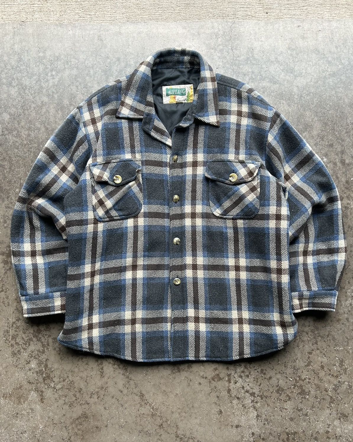 image of Vintage 90's Wool Blend Padded Plaid Coat in Blue, Men's (Size 2XL)