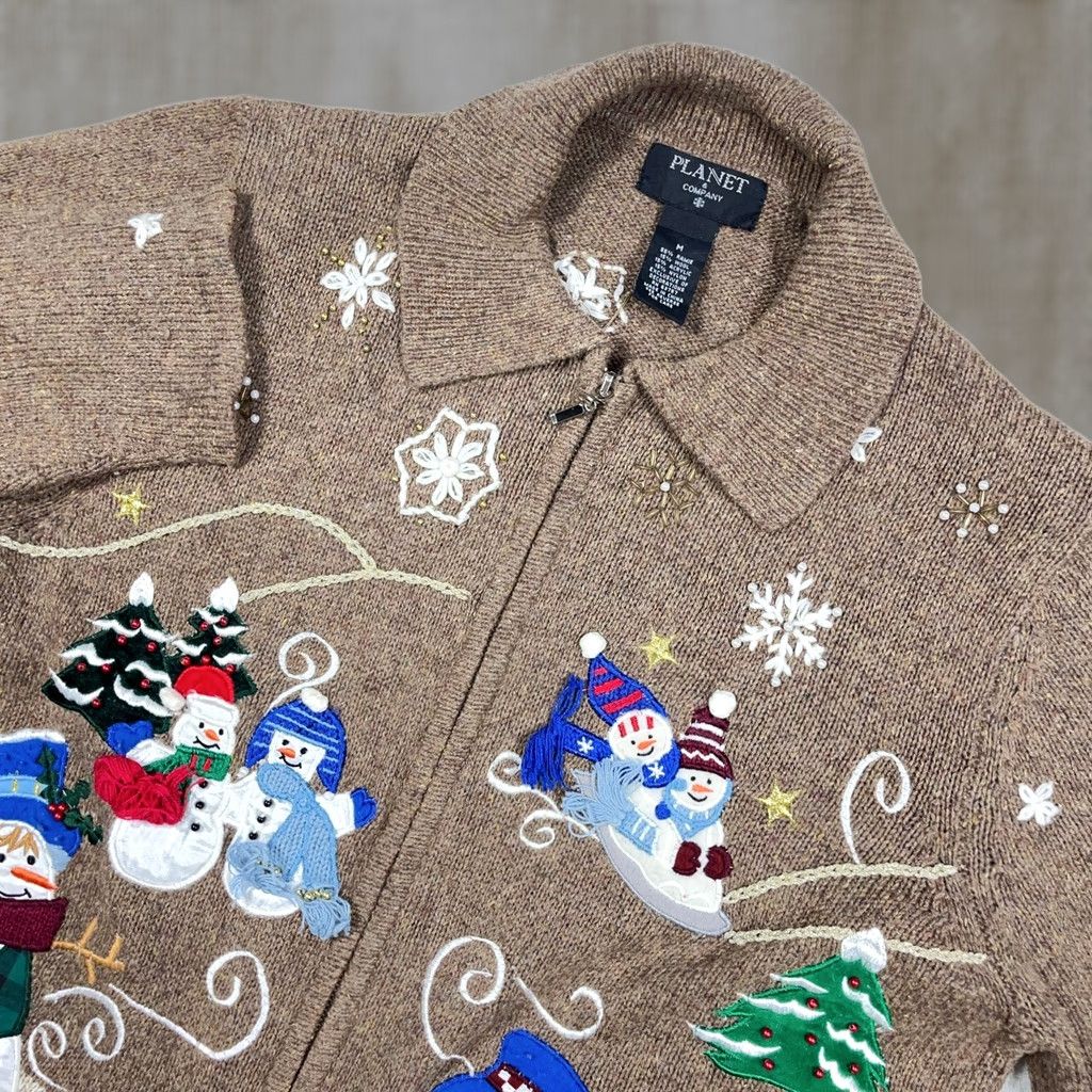 Vintage Vintage Christmas Cardigan Sweater Women M Full Zip Snowman Winter Brown Size M / US 6-8 / IT 42-44 - 1 Thumbnail