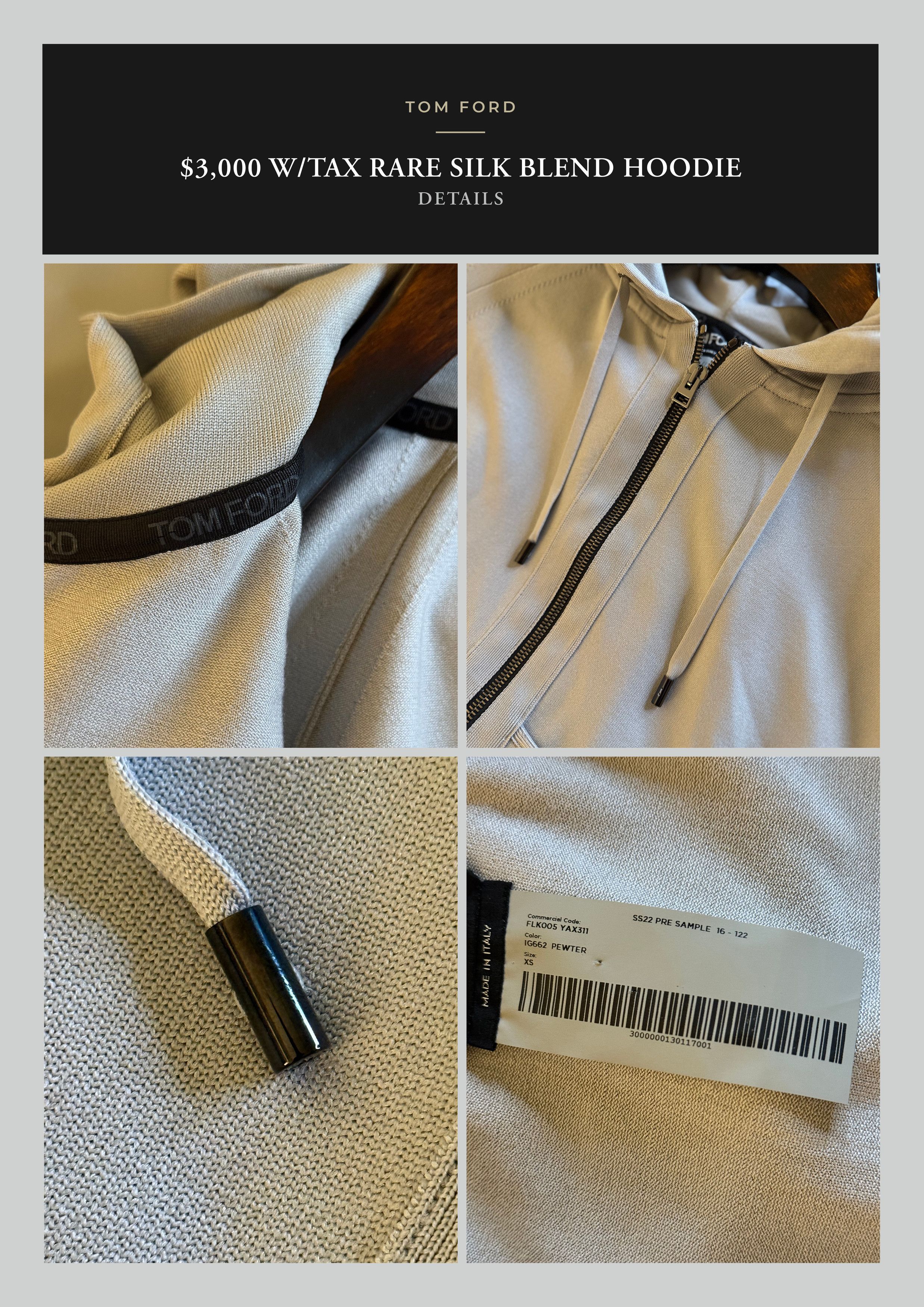 Tom Ford Fits 48-50 IT, Ultra Rare Silk Blend $3,000 Hoodie Size US XS / EU 42 / 0 - 12 Thumbnail