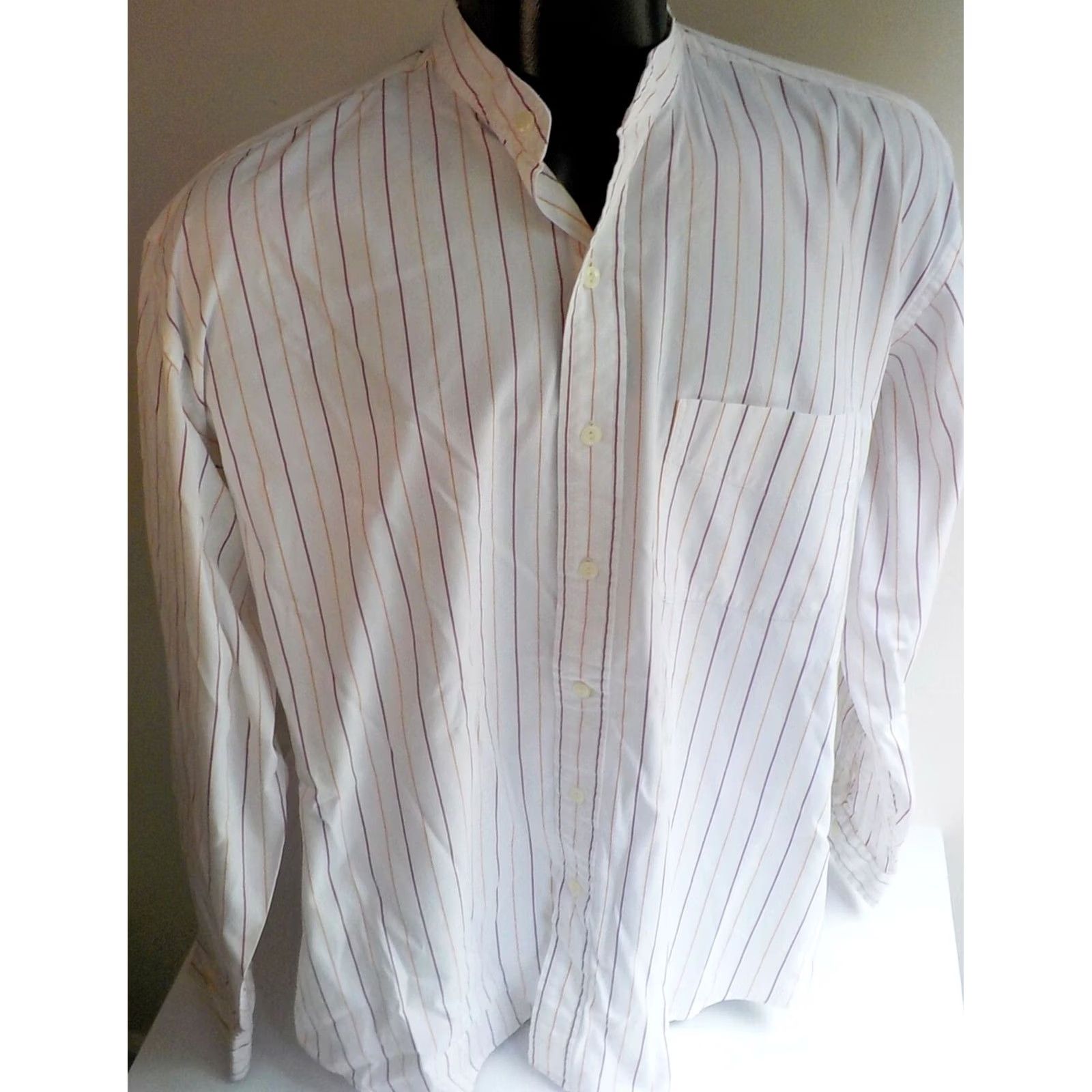 Greats Britches LS Striped Shirt Shirt Britches Button-Front Band Collar 100% Cotton White Orange Wine S Mens Outdoor Casual Long Sleeve Banded Collar Shirt Size US S / EU 44-46 / 1 - 2 Thumbnail