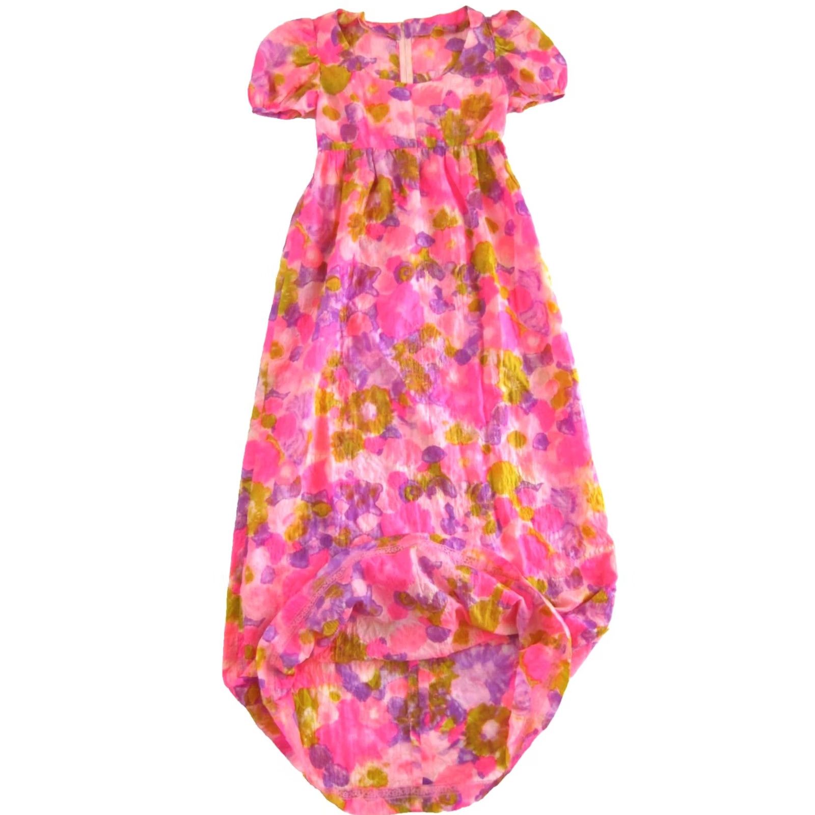 Vintage VINTAGE Handmade Neon Pink Purple Floral Short Sleeve Empire Waist Dress XS Tall Size 26" / US 2 / IT 38 - 5 Thumbnail