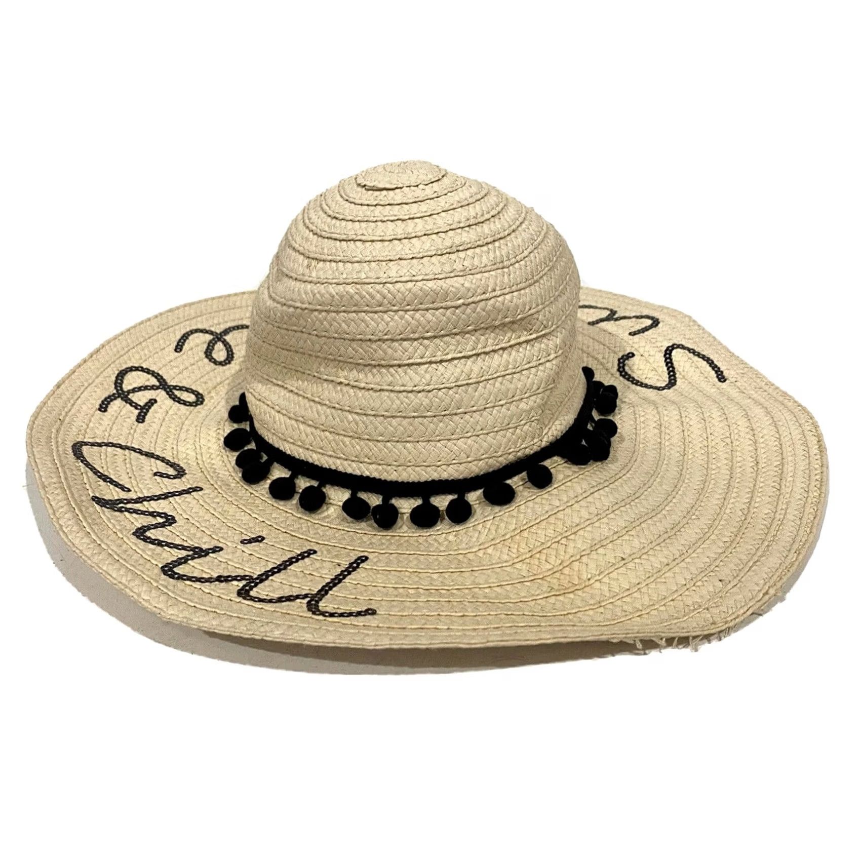 Betsey Johnson Betsey Johnson Sun Hat Women Wide Brim Beige Black Pom Pom Straw Hat Beach Vacation Sun Hat 22” Interior Circumference Size ONE SIZE - 6 Thumbnail