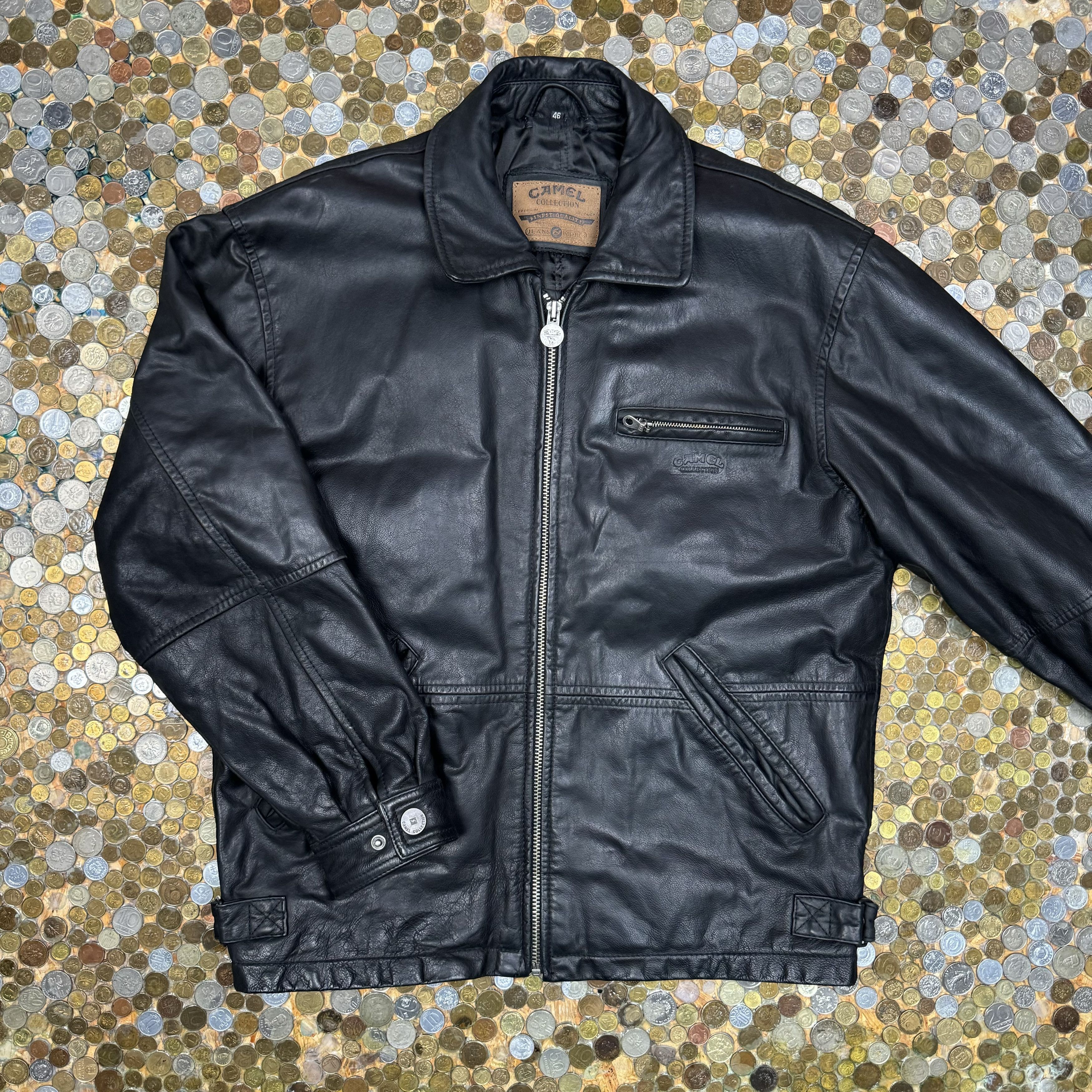 image of Camel Vintage Bomber Leather Jacket With Collar 90's & Y2K in Black, Men's (Size Large)