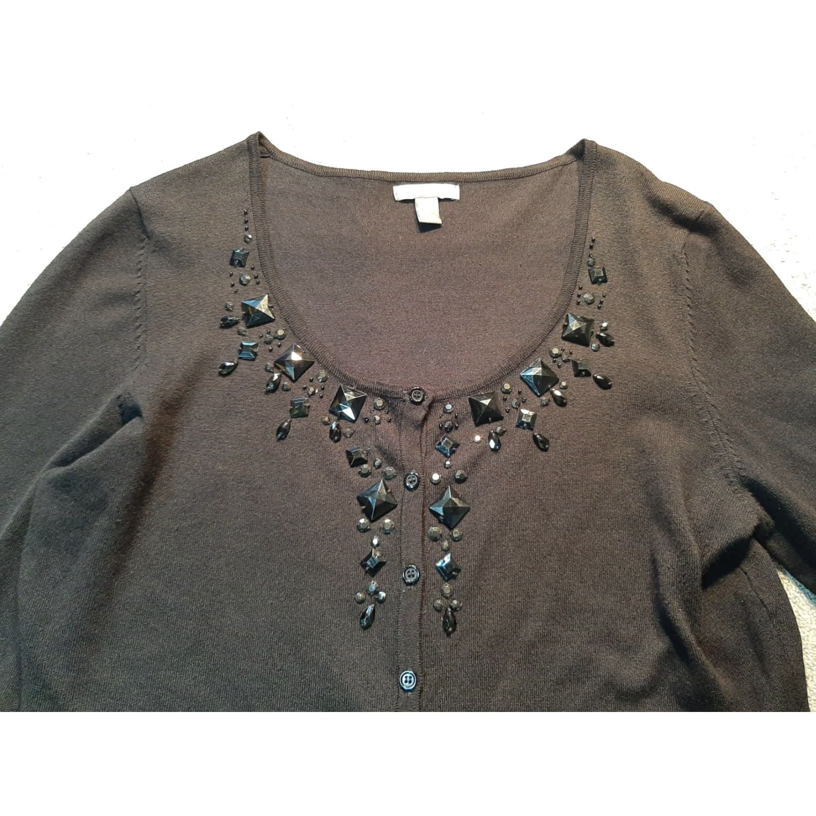 Apt. 9 APT 9 Long Sleeve Button-Up Shirt Black XL Beaded Women Classic Casual Button-Up Collared Woven All Seasons Size XL / US 12-14 / IT 48-50 - 2 Thumbnail