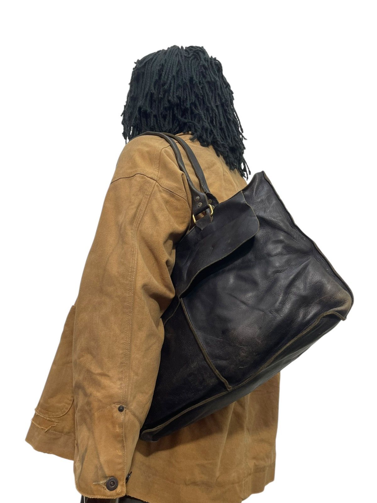 Genuine Leather x Leather Full Leather Patina Unknown Japan Tote Shoulder Bag 17 in Black, Men's