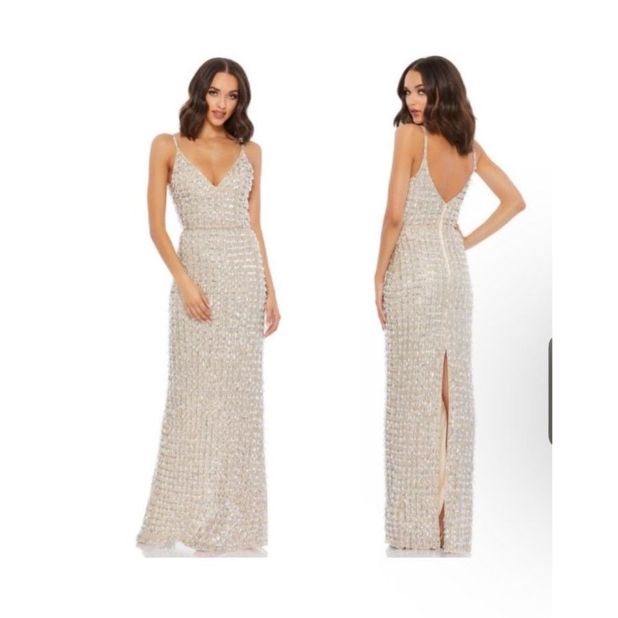 image of Mac Duggal Embellished Crystal Drop V-Neck Gown 5394 0 NWT in Silver, Women's (Size XS)