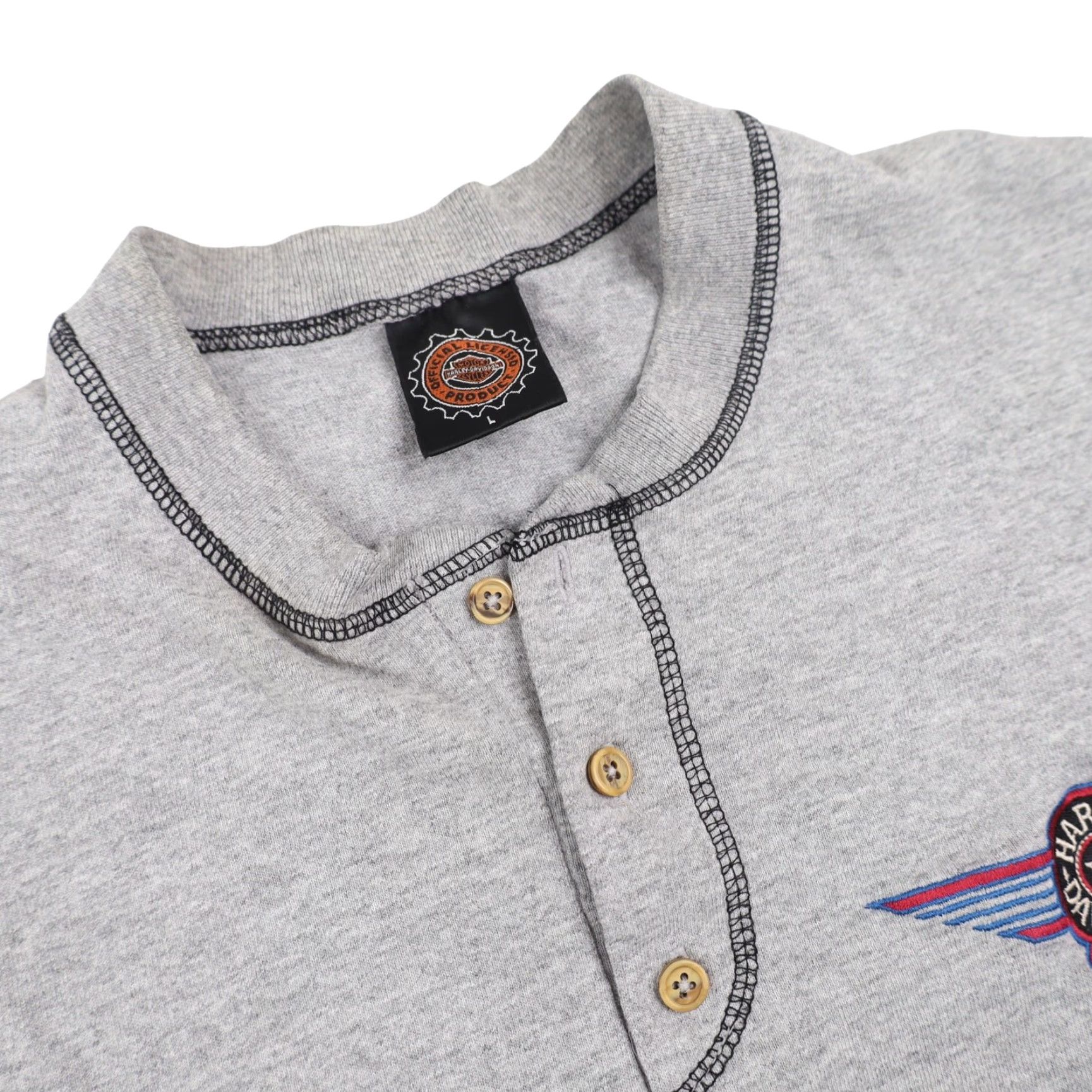Harley Davidson VINTAGE Harley Davidson Mens Shirt USA Henley T Shirt Gray L Regular Large Mens Size US L / EU 52-54 / 3 - 6 Thumbnail