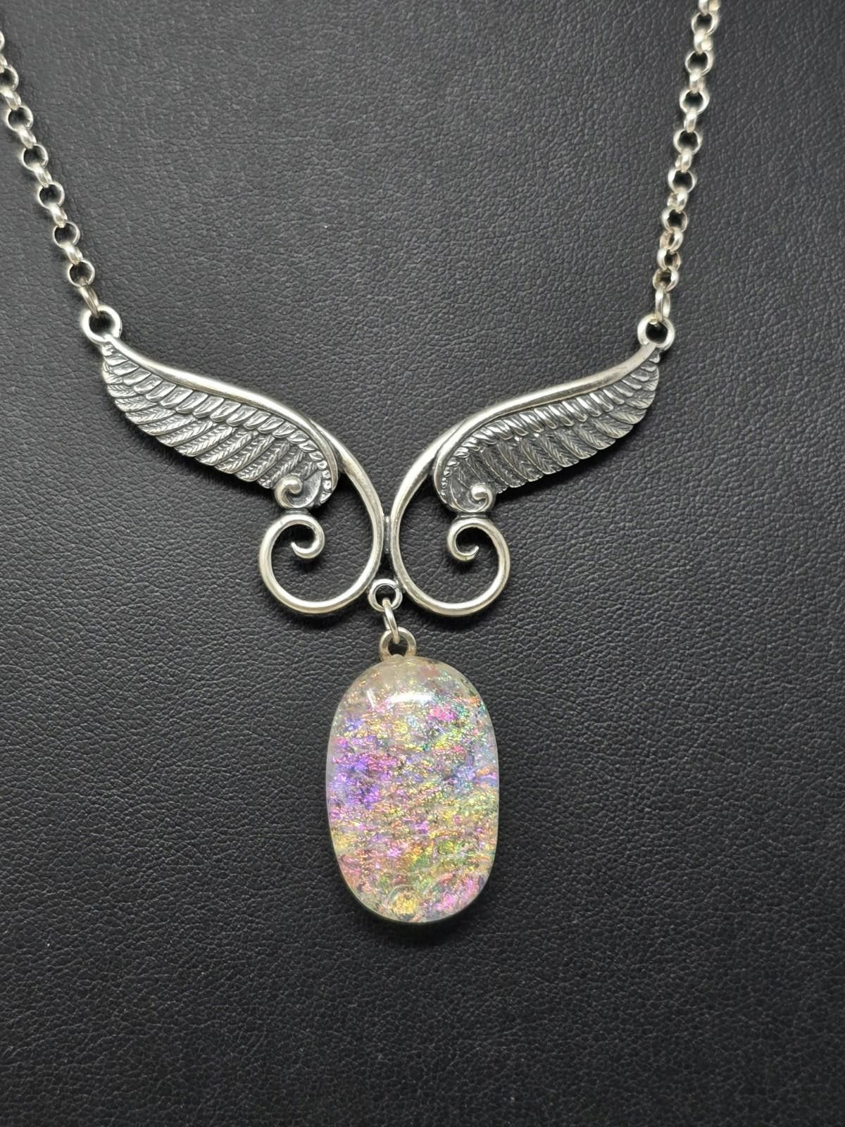 Other 925 Sterling Silver Angel Wing Dichroic Glass Necklace 13g Size ONE SIZE - 1 Thumbnail