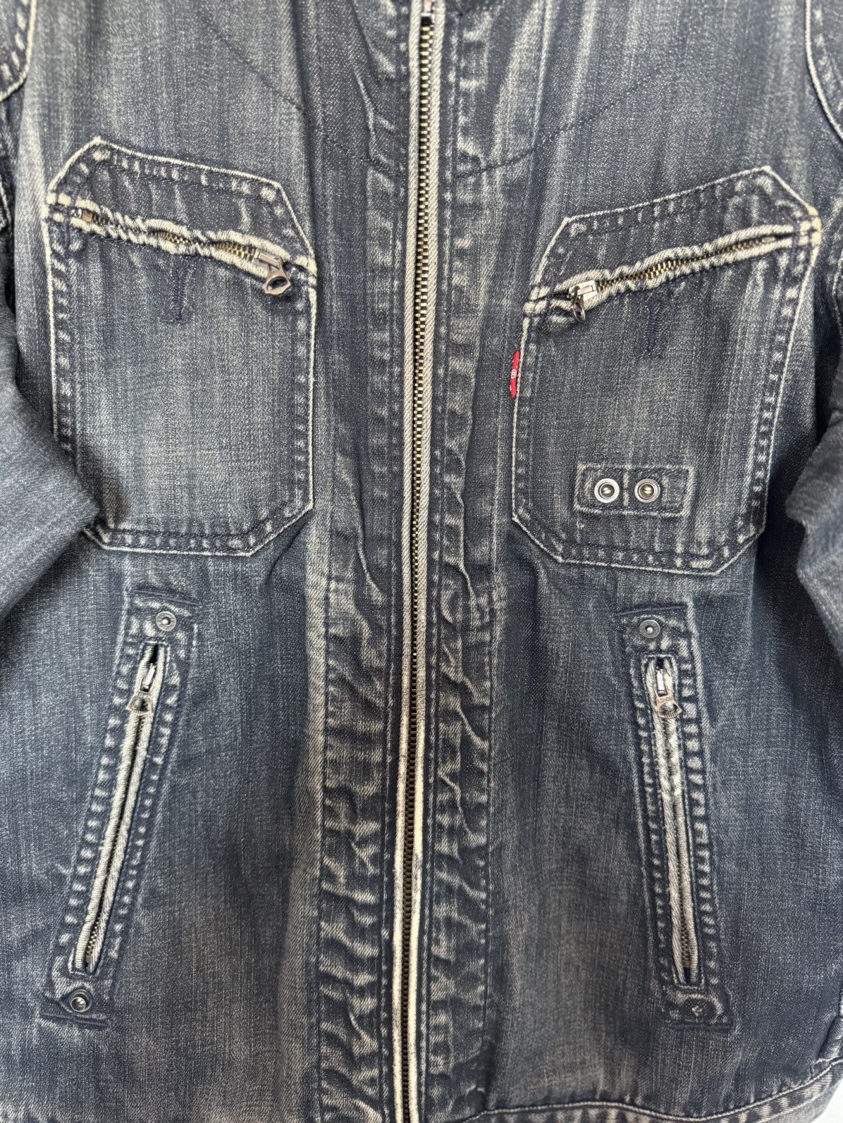 Levi's Levi’s Navy Washed Distressed Double Zip Biker Denim Jacket Size US XL / EU 56 / 4 - 5 Thumbnail