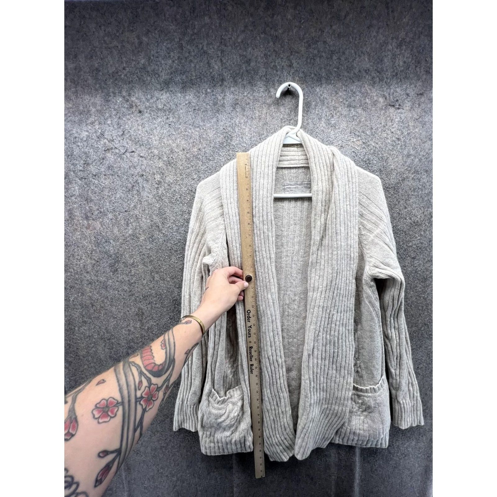 Allsaints AllSaints Cardigan Sweater Womens 8 Beige Cable-Knit Open Front Pockets Size M / US 6-8 / IT 42-44 - 4 Thumbnail