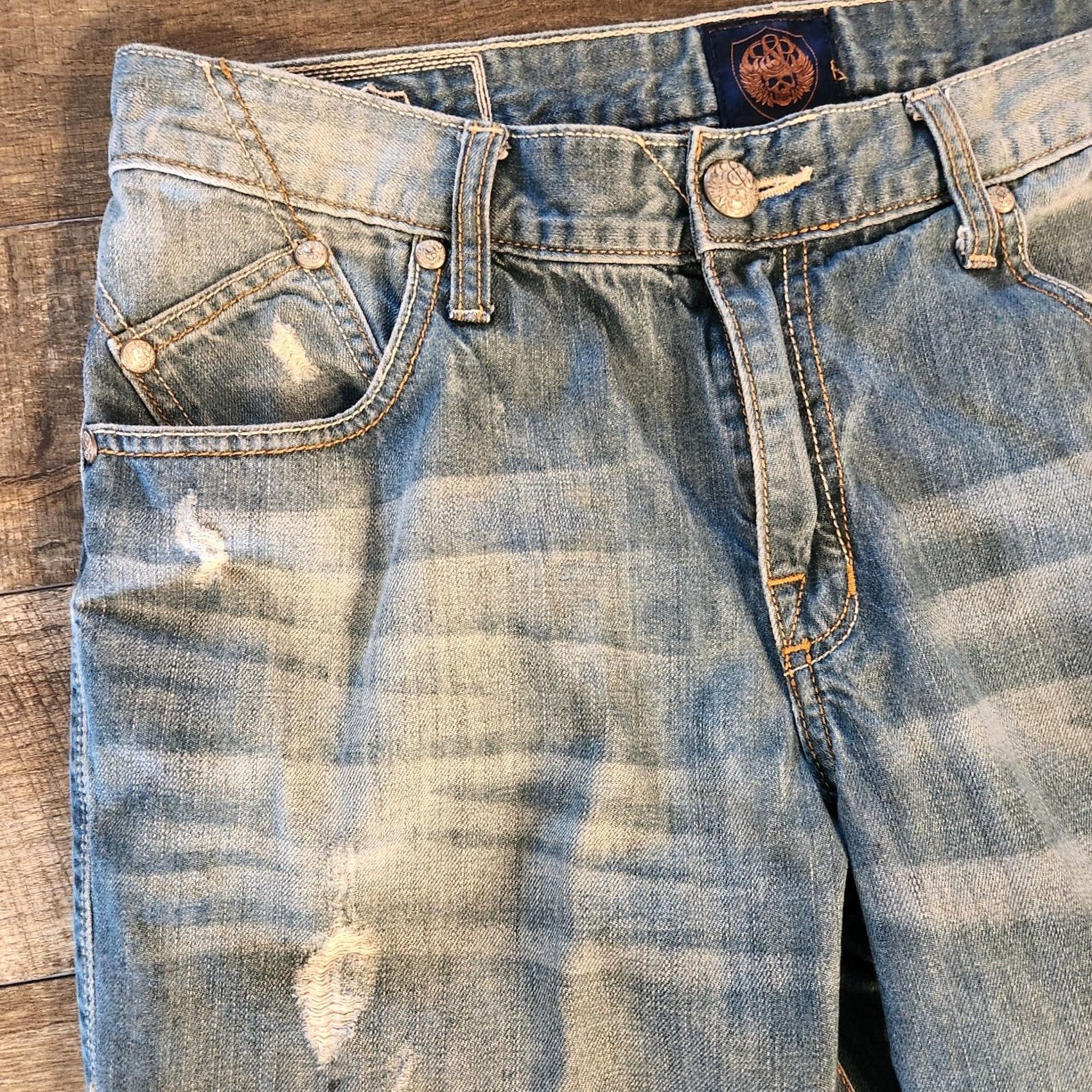 Vintage Rock & Republic Jeans Mens 34x32 Blue Denim Whiskered Distressed Straight Leg Mens Jeans Regular Fit Blue Distressed 5-Pocket Denim Straight Leg Mens Size US 34 / EU 50 - 5 Thumbnail