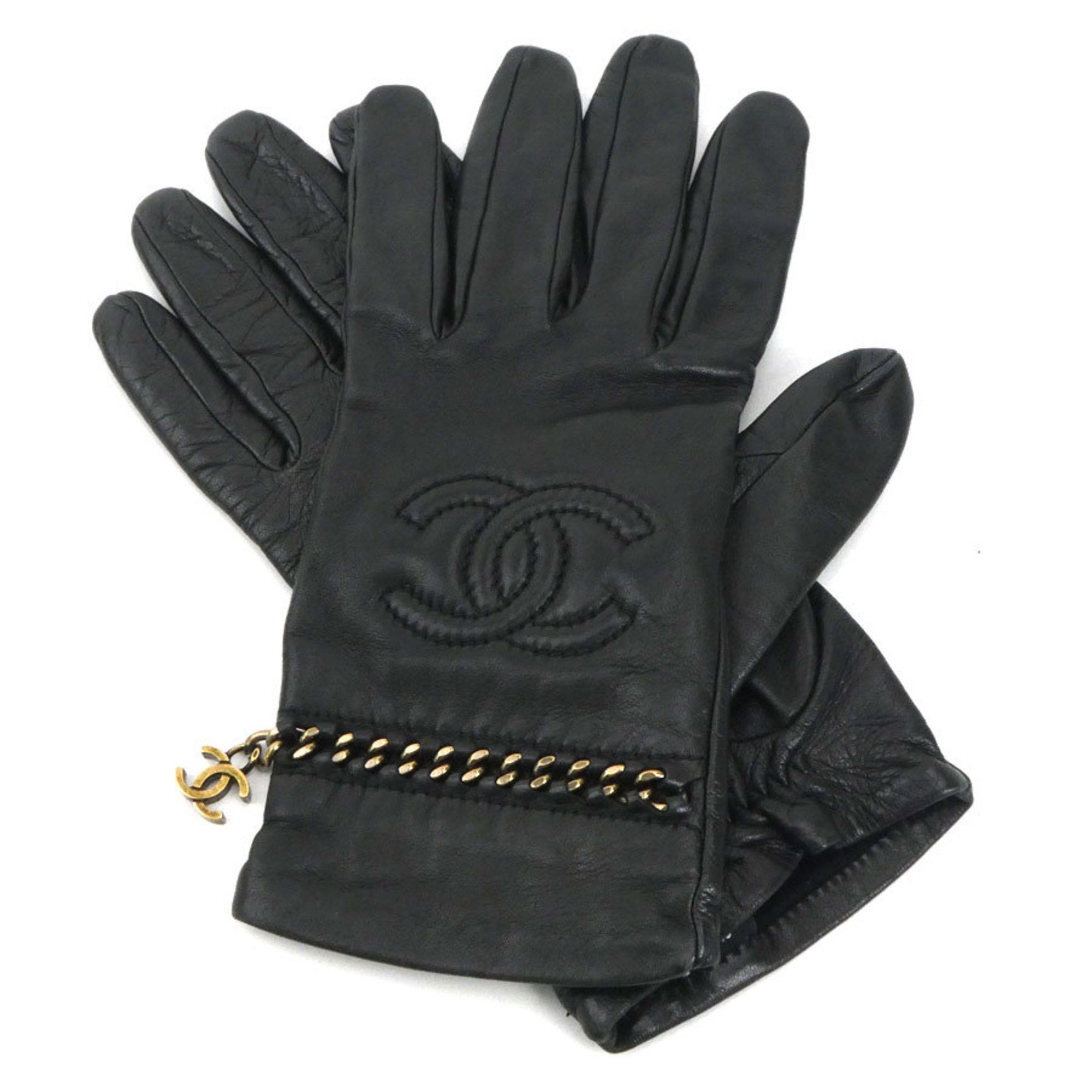 CHANEL Coco Mark Gloves Leather Metal Black Gold Women's e59941m - Main Image