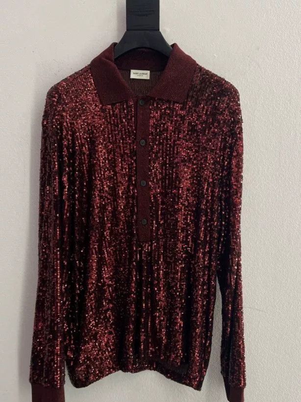 Saint Laurent Paris Saint Laurent Burgundy Sequin Long-Sleeve Polo Size US L / EU 52-54 / 3 - 1 Thumbnail