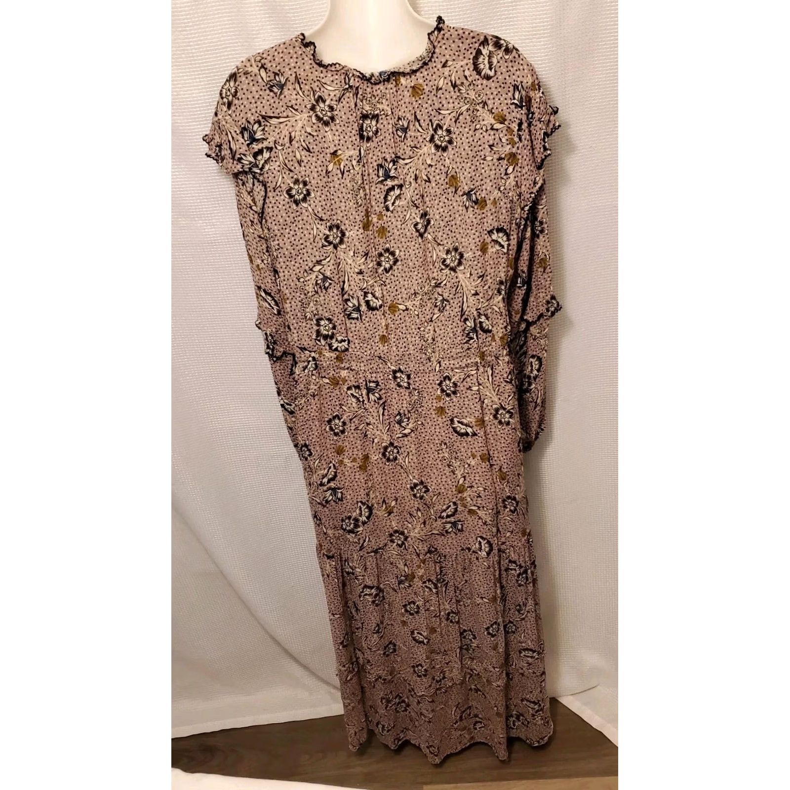 Anthropologie Dolan Anthropologie Maxi Dress Floral Tiered Ruffle Lace-Trim Beige Long Sleeve Boho L Large Womens Size L / US 10 / IT 46 - 5 Thumbnail