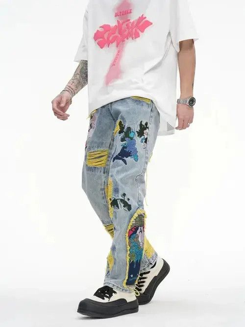Designer × Japanese Brand Embroidered Patch Denim Ripped Jeans Size US 34 / EU 50 - 3 Thumbnail