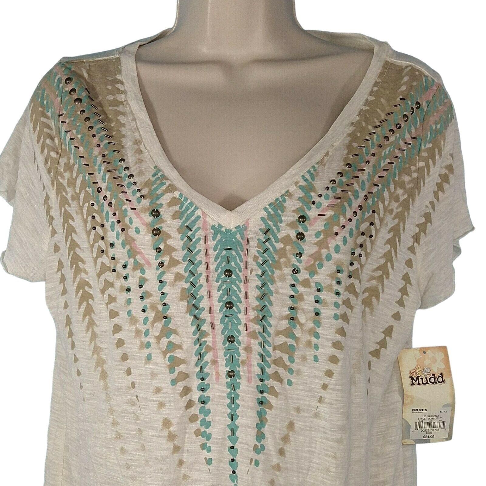 Other Mudd V-neck Top T-Shirt Beaded Women Size S Cream Multicolor Size S / US 4 / IT 40 - 2 Thumbnail