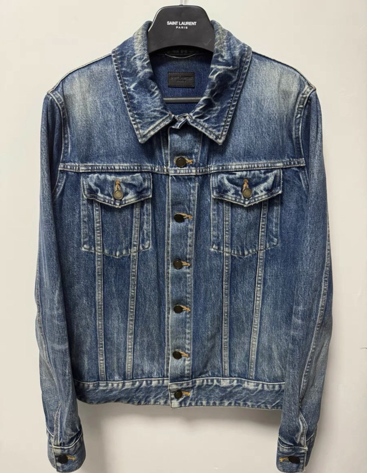 Saint Laurent Paris SLP 17FW Dark Blue Wave Washed Flamingo Denim Jacket Size US M / EU 48-50 / 2 - 1 Thumbnail