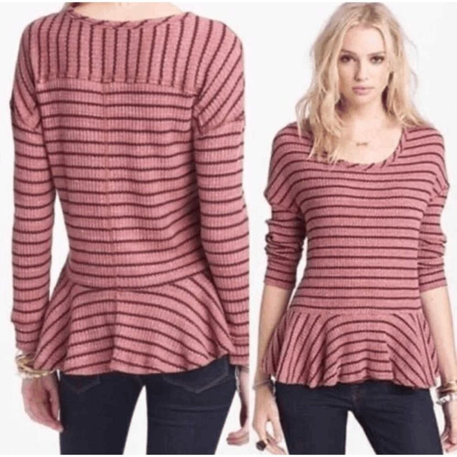 Free People Free People Auntie Em Waffle Knit Peplum Top, Pink, Sz XS Size XS / US 0-2 / IT 36-38 - 1 Thumbnail