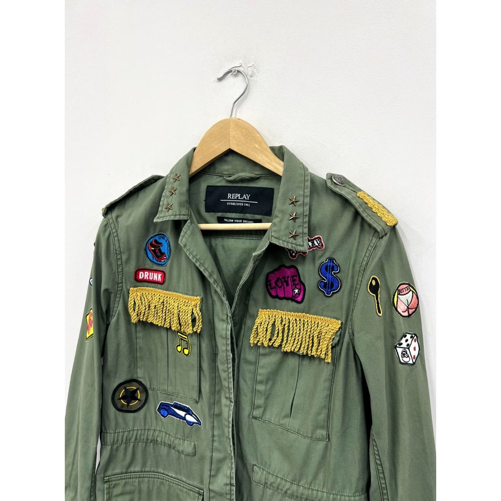 Replay Replay Jacket Womens L Khaki Logo Vintage Overshirt Blazer Military Patch Style Size L / US 10 / IT 46 - 3 Thumbnail