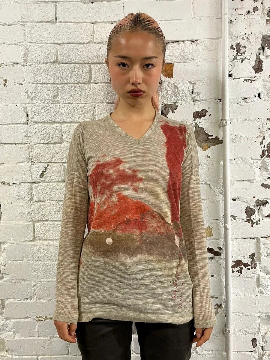 Marithe + Francois Girbaud 1990s Marithé + François Girbaud Beige V-Neck Longsleeve T-Shirt Size M / US 6-8 / IT 42-44 - 1 Thumbnail