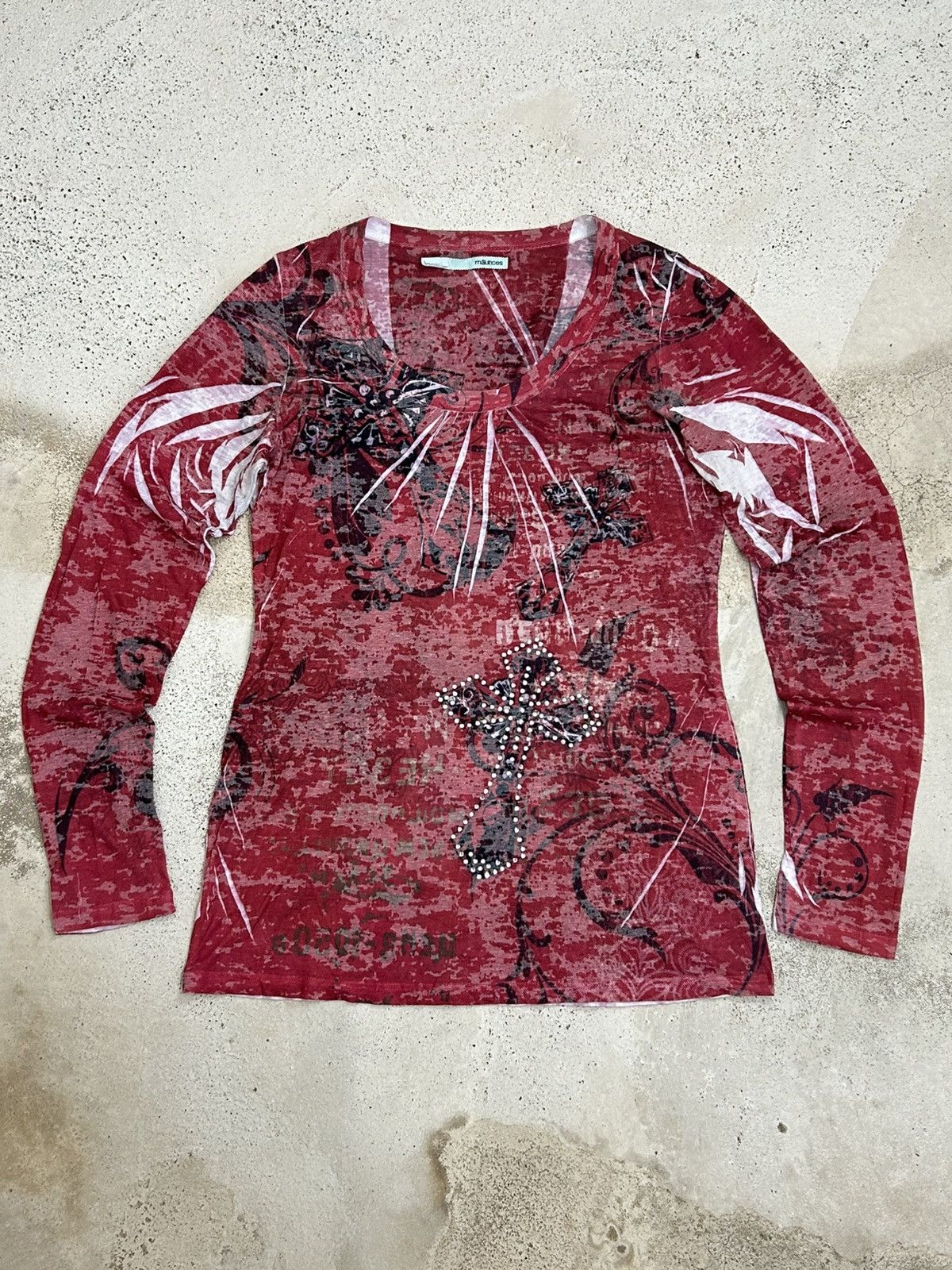 Designer × Japanese Brand Edgy Red L/ Sleeve Top –Distressed Print Angel Wing Graphics Size US XS / EU 42 / 0 - 2 Thumbnail
