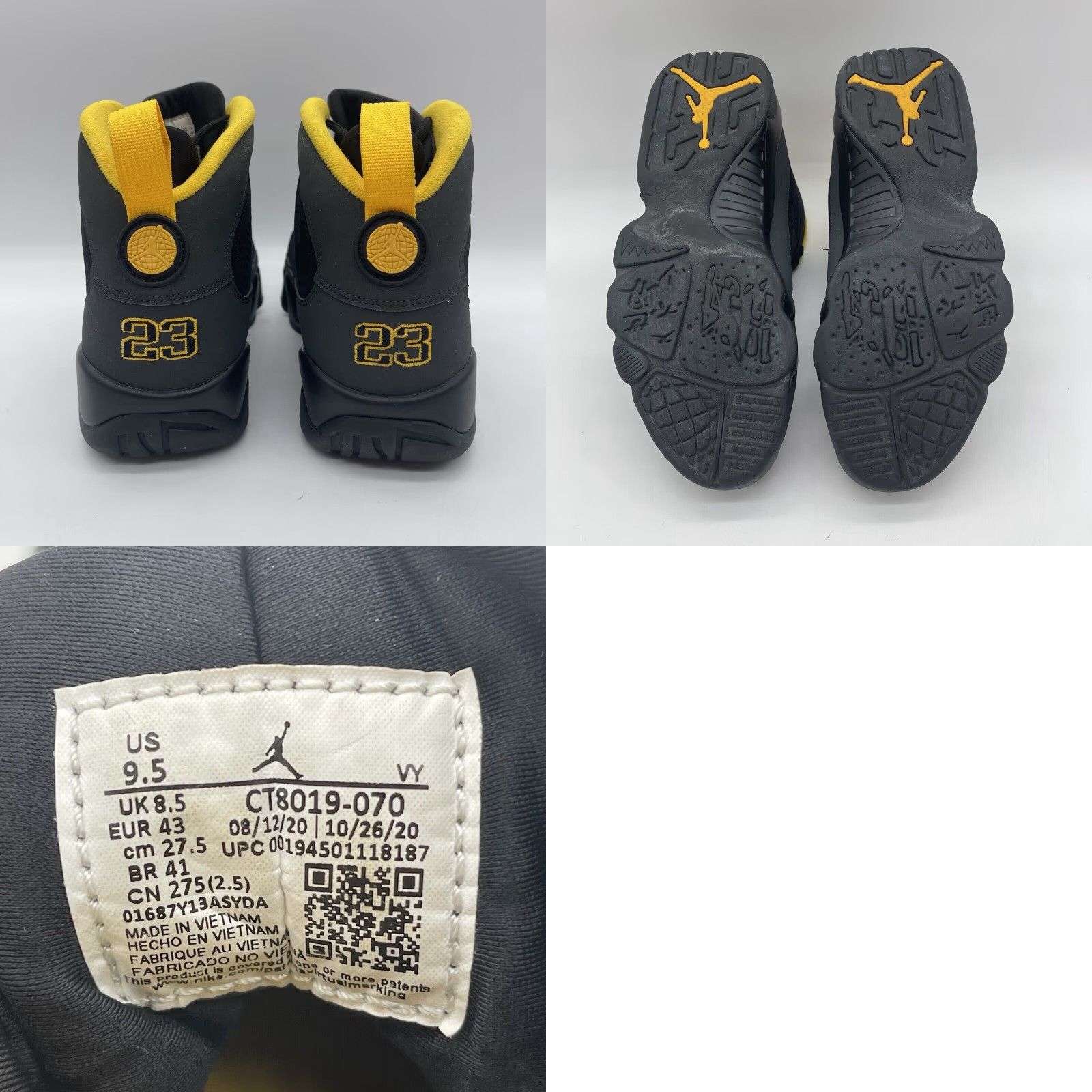 Jordan Brand Nike Air Jordan 9 Retro Sneakers Men 9.5 Dark Charcoal Black University Gold CT8019-070 Activewear Casual Leather/Nubuck Mid Top Size US 9 / EU 42 - 8 Thumbnail