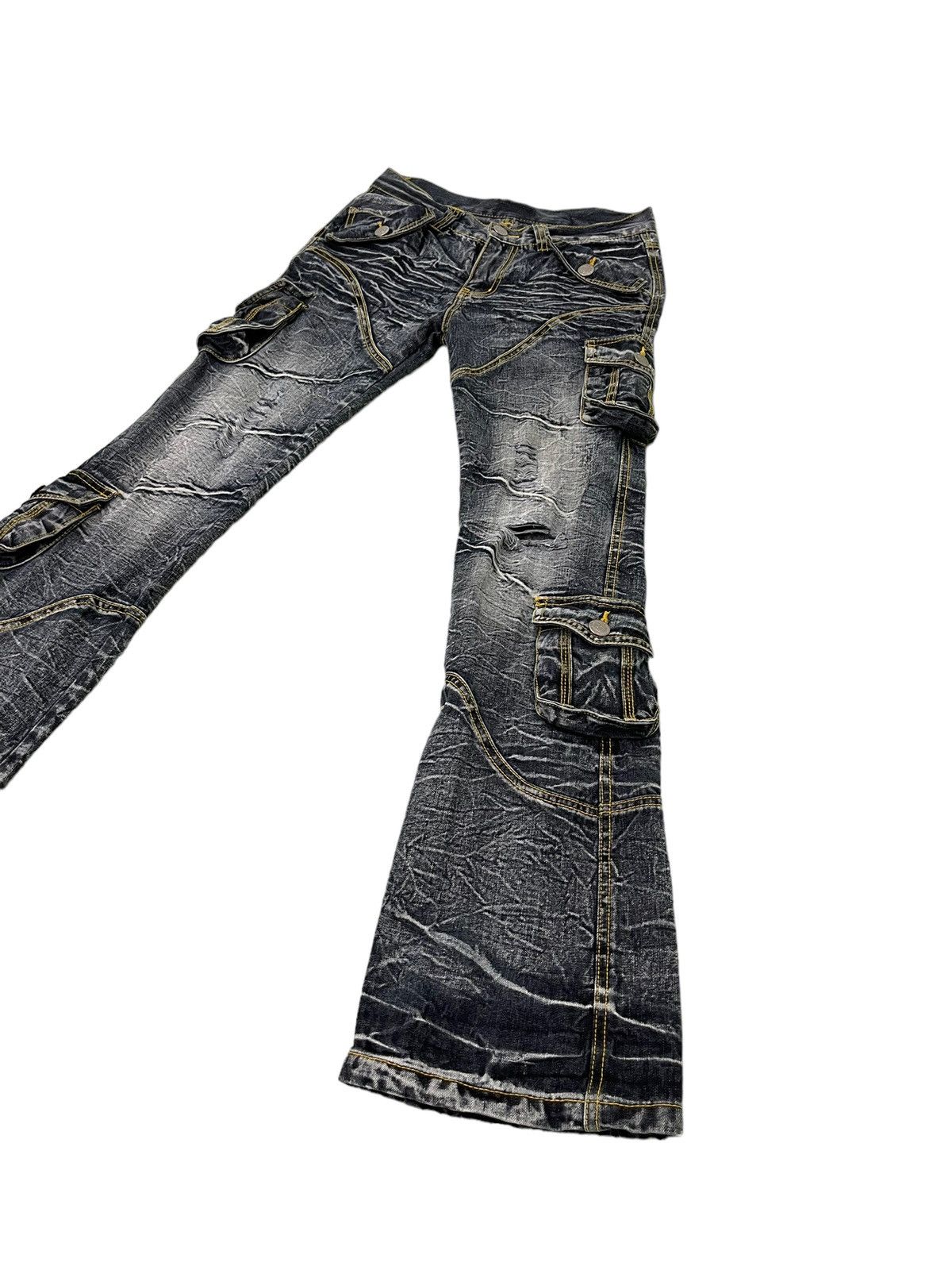 Japanese Brand Flare Jeans Cargo Low Box Crazy Faded Distress Boot Cut 6🟦2 Size US 29 - 3 Thumbnail
